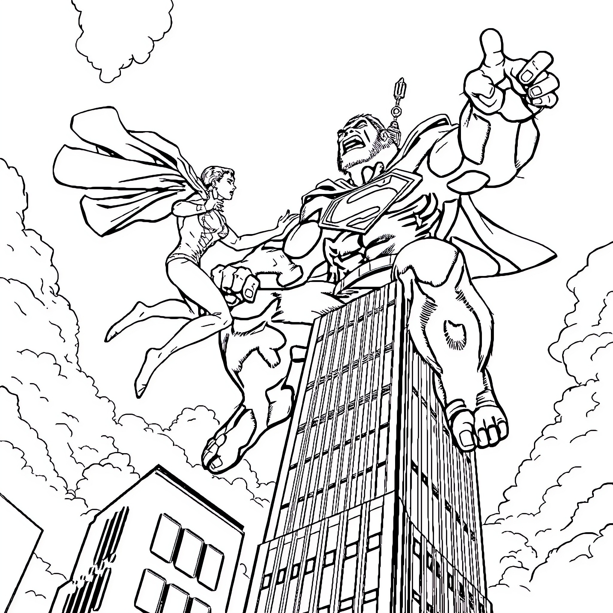 Superman battling villains atop a towering city skyscraper Coloring Page (free black-and-white line drawing printable PDF for all, from beginners to advanced learners, including children, teens, adults, and seniors)
