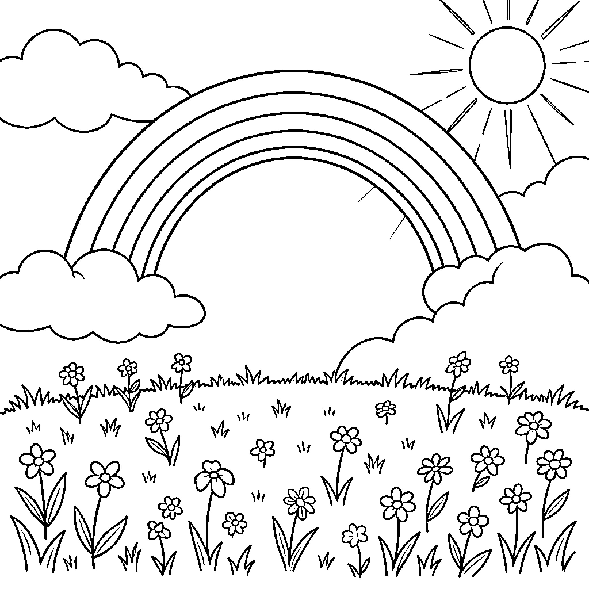 Rainbow arching over a field of flowers and clouds Coloring Page (free black-and-white line drawing printable PDF for all, from beginners to advanced learners, including children, teens, adults, and seniors)