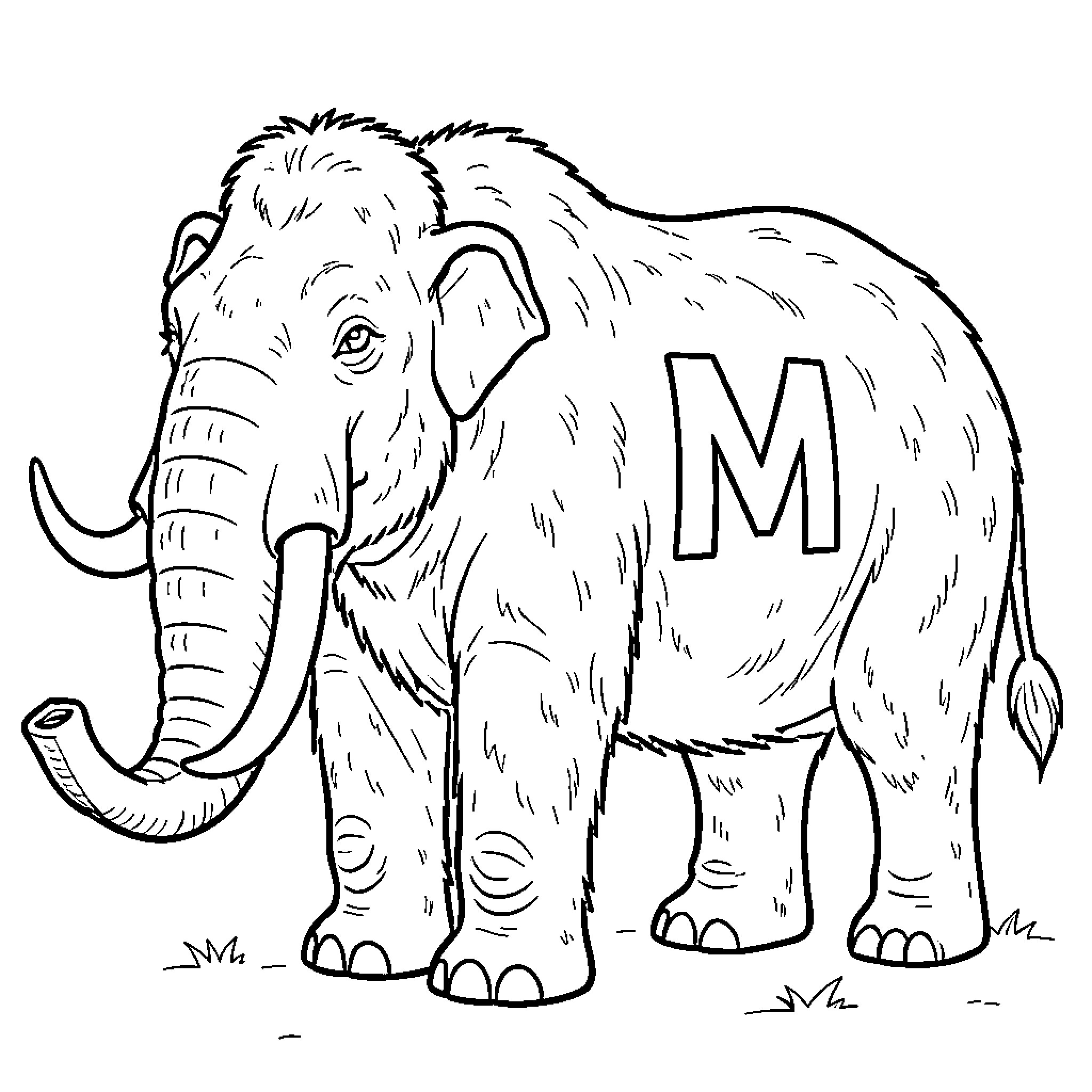 Mammoth with letter M on its side Coloring Page (free black-and-white line drawing printable PDF for all, from beginners to advanced learners, including children, teens, adults, and seniors)