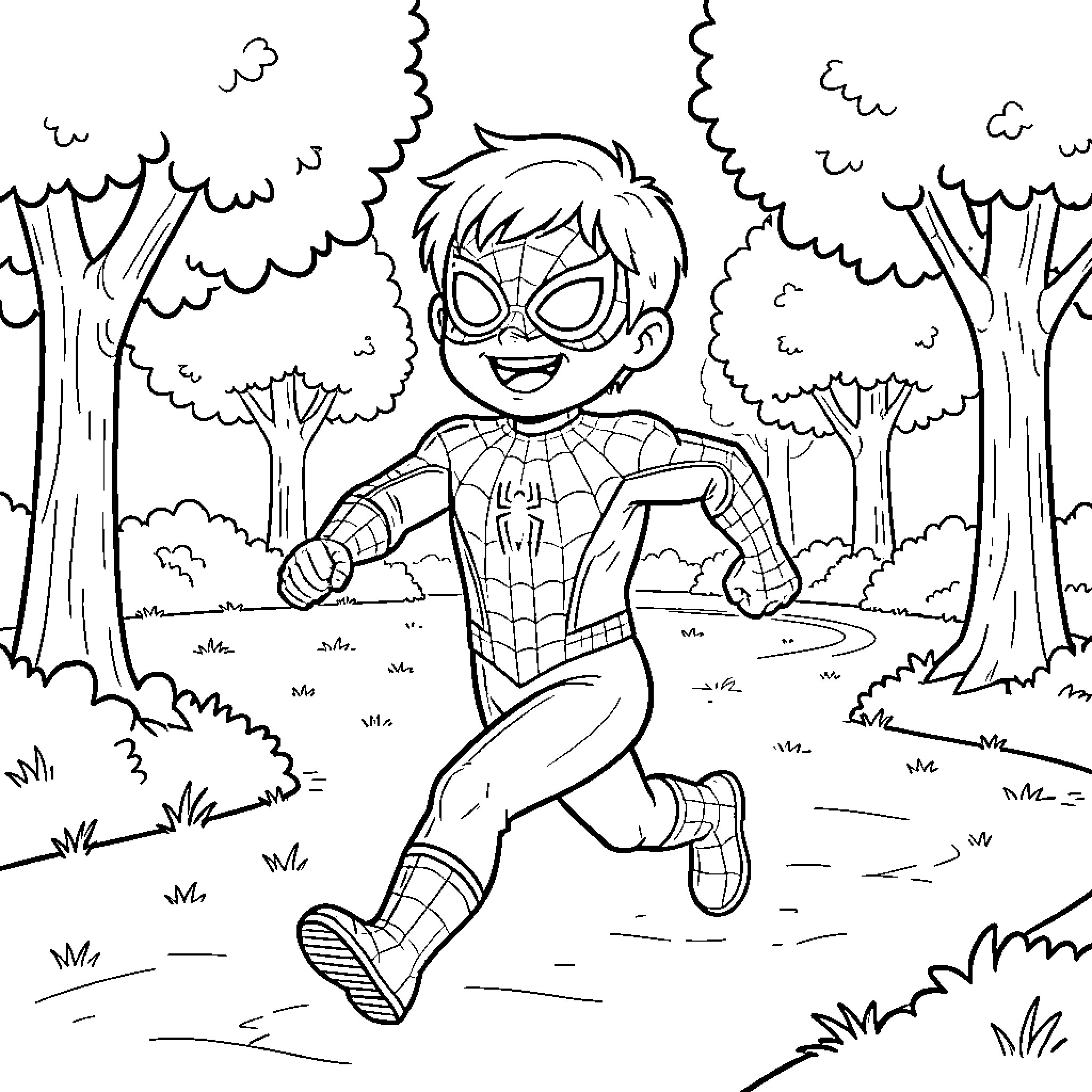 Spider-Man Swinging with Joy Through the Forest Coloring Page (free black-and-white line drawing printable PDF for all, from beginners to advanced learners, including children, teens, adults, and seniors)