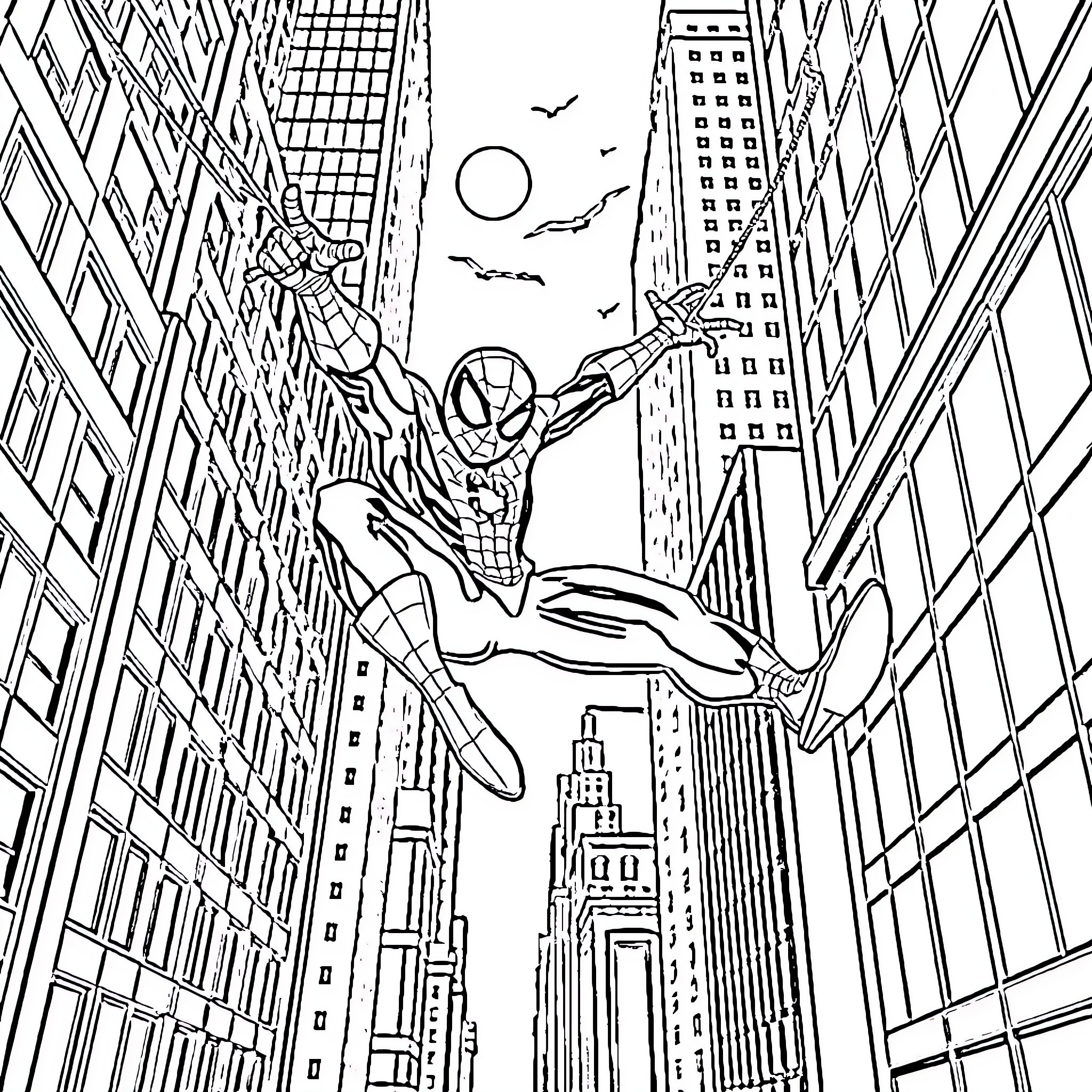 Spiderman swinging through the city streets Coloring Page (free black-and-white line drawing printable PDF for all, from beginners to advanced learners, including children, teens, adults, and seniors)