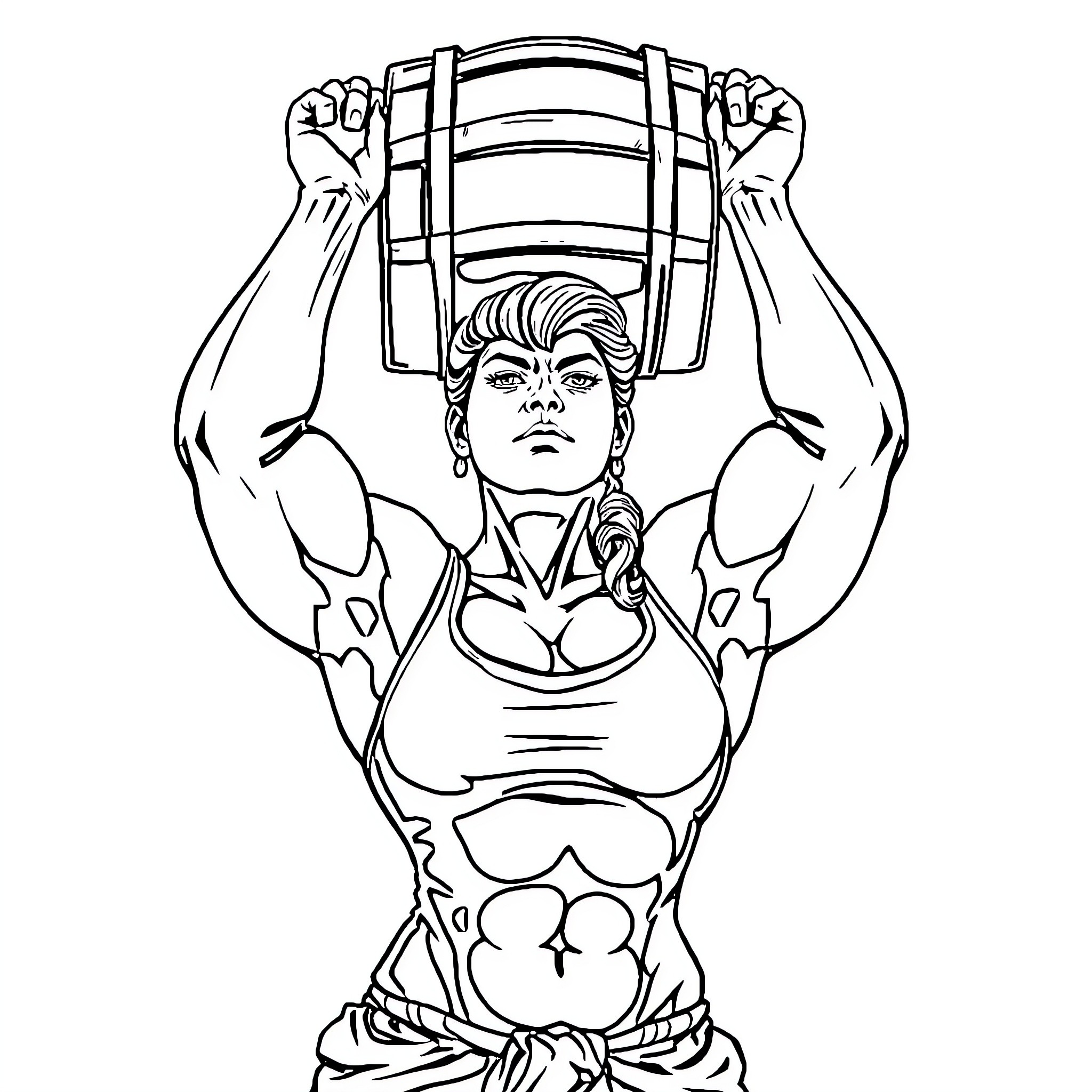 Woman lifting heavy weights with determination Coloring Page (free black-and-white line drawing printable PDF for all, from beginners to advanced learners, including children, teens, adults, and seniors)