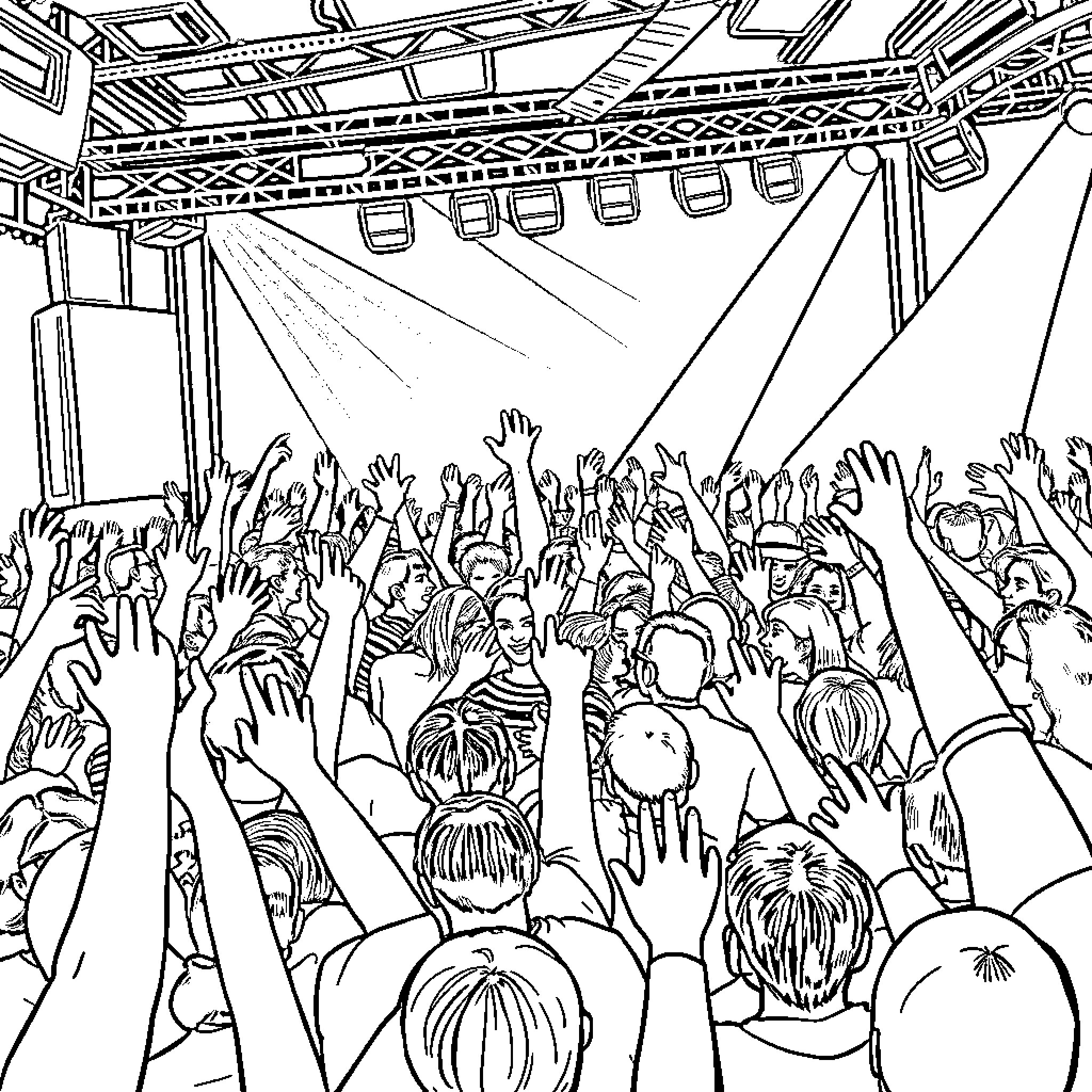 Crowd Enjoying a Lively Performance on Stage Coloring Page (free black-and-white line drawing printable PDF for all, from beginners to advanced learners, including children, teens, adults, and seniors)