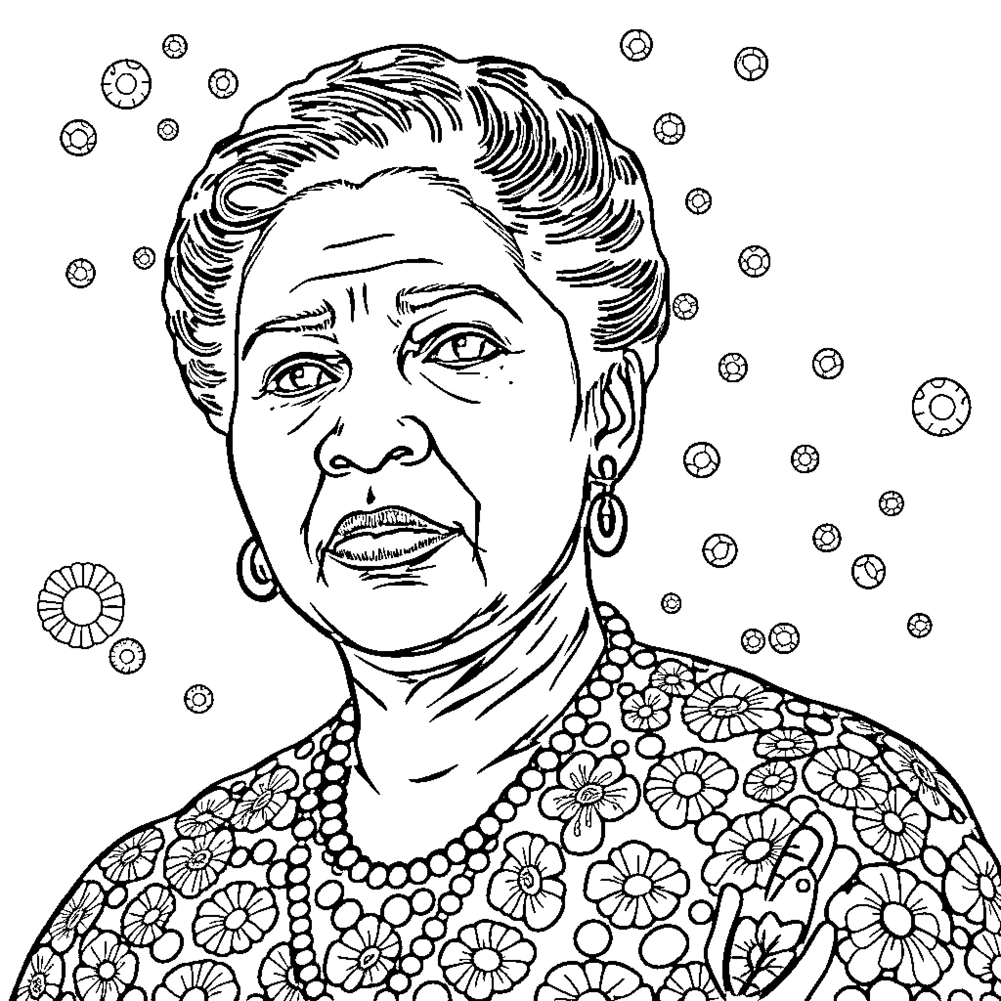 Henrietta Lacks in Patterned Dress and Earrings Coloring Page (free black-and-white line drawing printable PDF for all, from beginners to advanced learners, including children, teens, adults, and seniors)