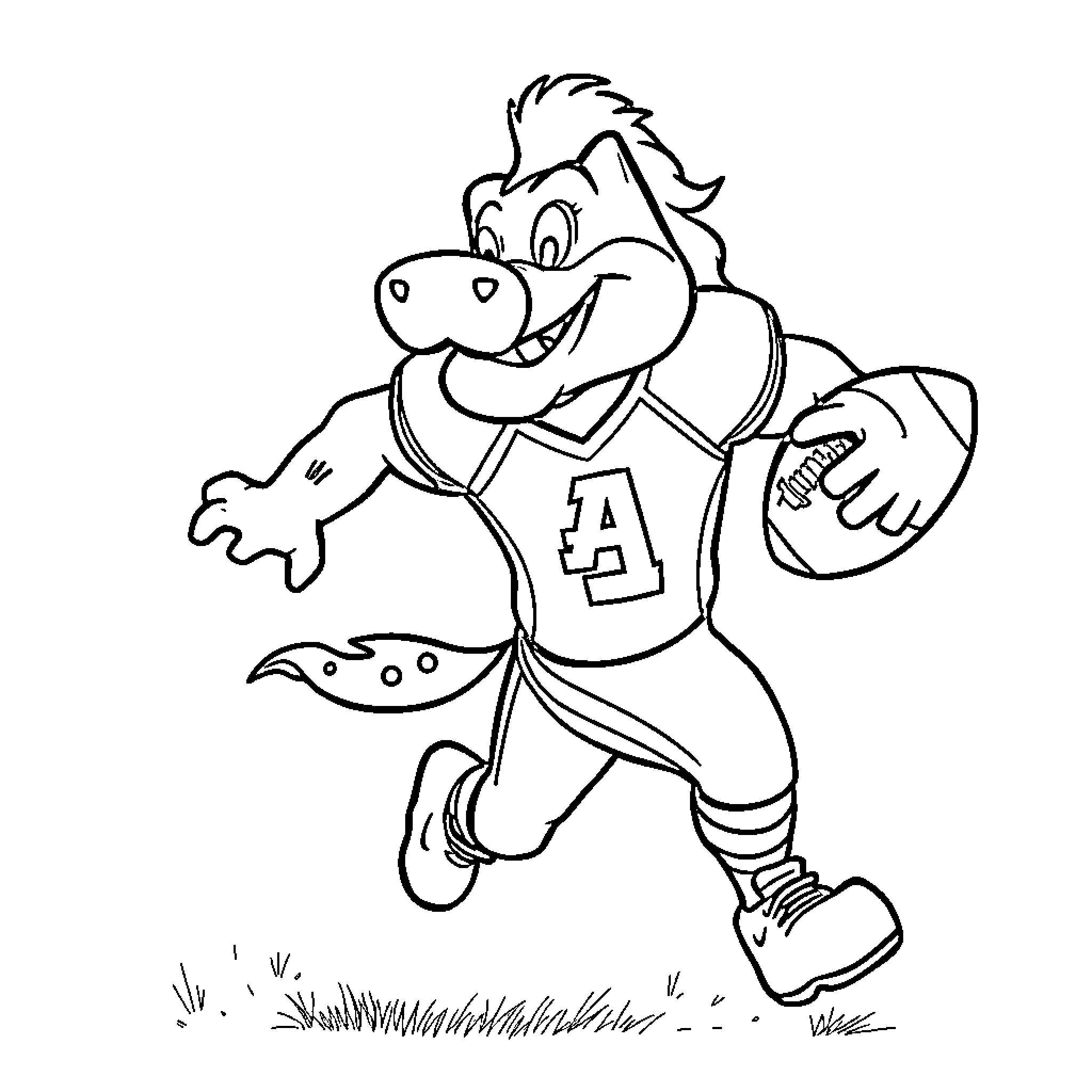 Mascot in athletic uniform playing football Coloring Page (free black-and-white line drawing printable PDF for all, from beginners to advanced learners, including children, teens, adults, and seniors)