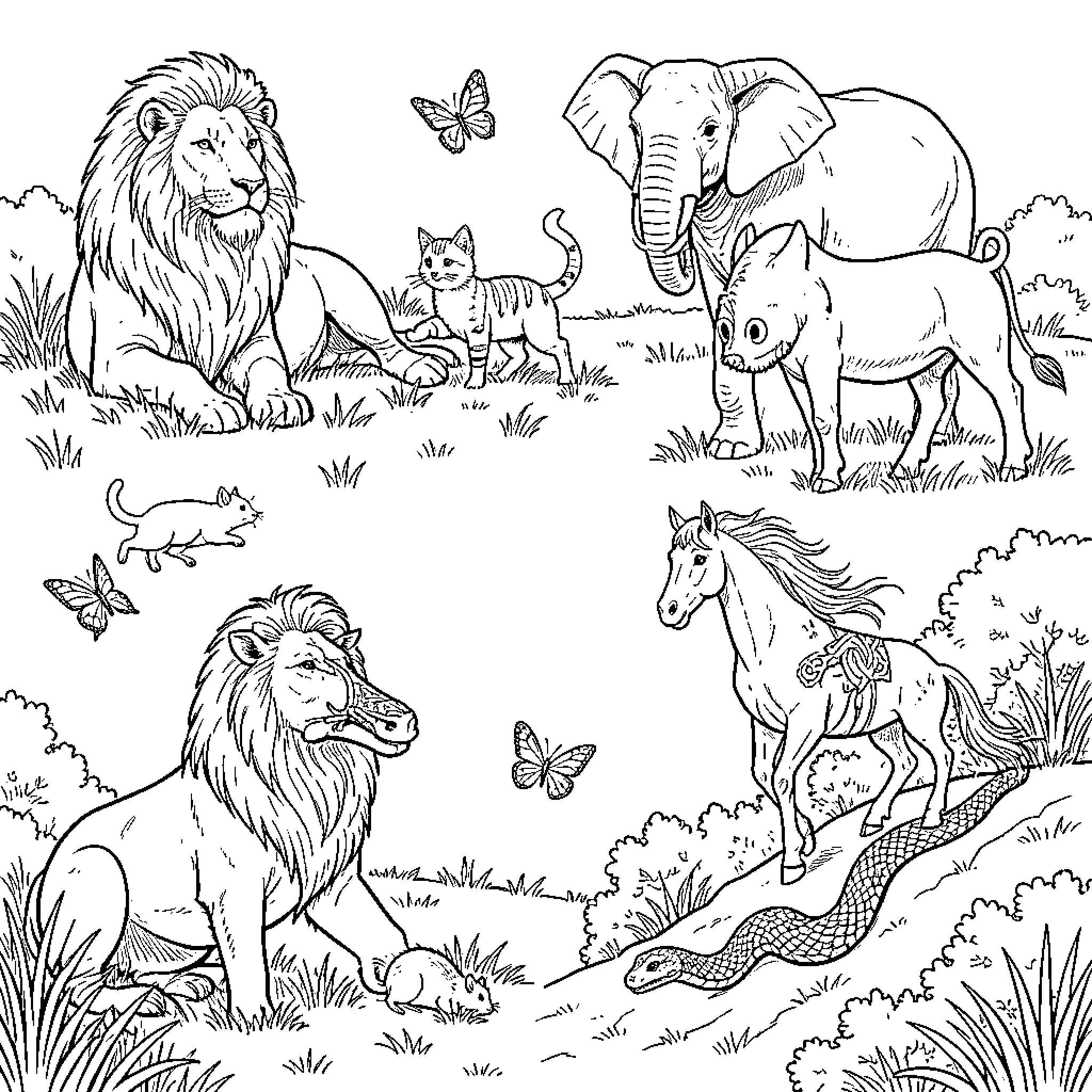 Animal friends in the wild Coloring Page (free black-and-white line drawing printable PDF for all, from beginners to advanced learners, including children, teens, adults, and seniors)