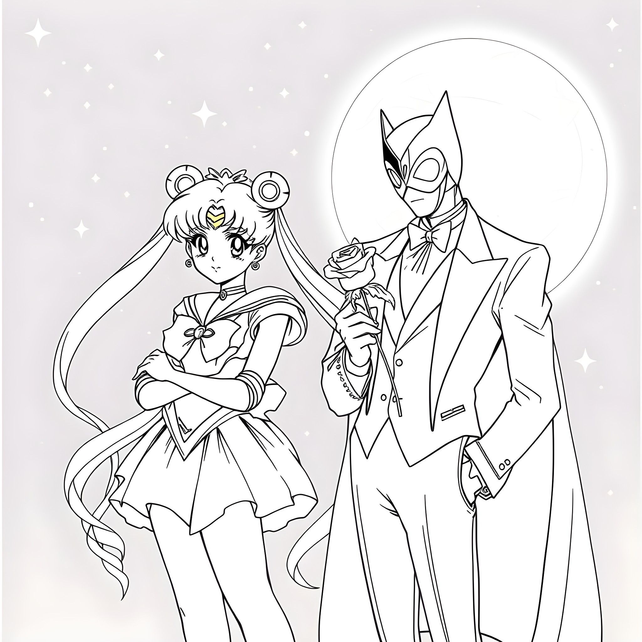 Sailor Moon and Tuxedo Mask in Formal Attire Coloring Page (free black-and-white line drawing printable PDF for all, from beginners to advanced learners, including children, teens, adults, and seniors)