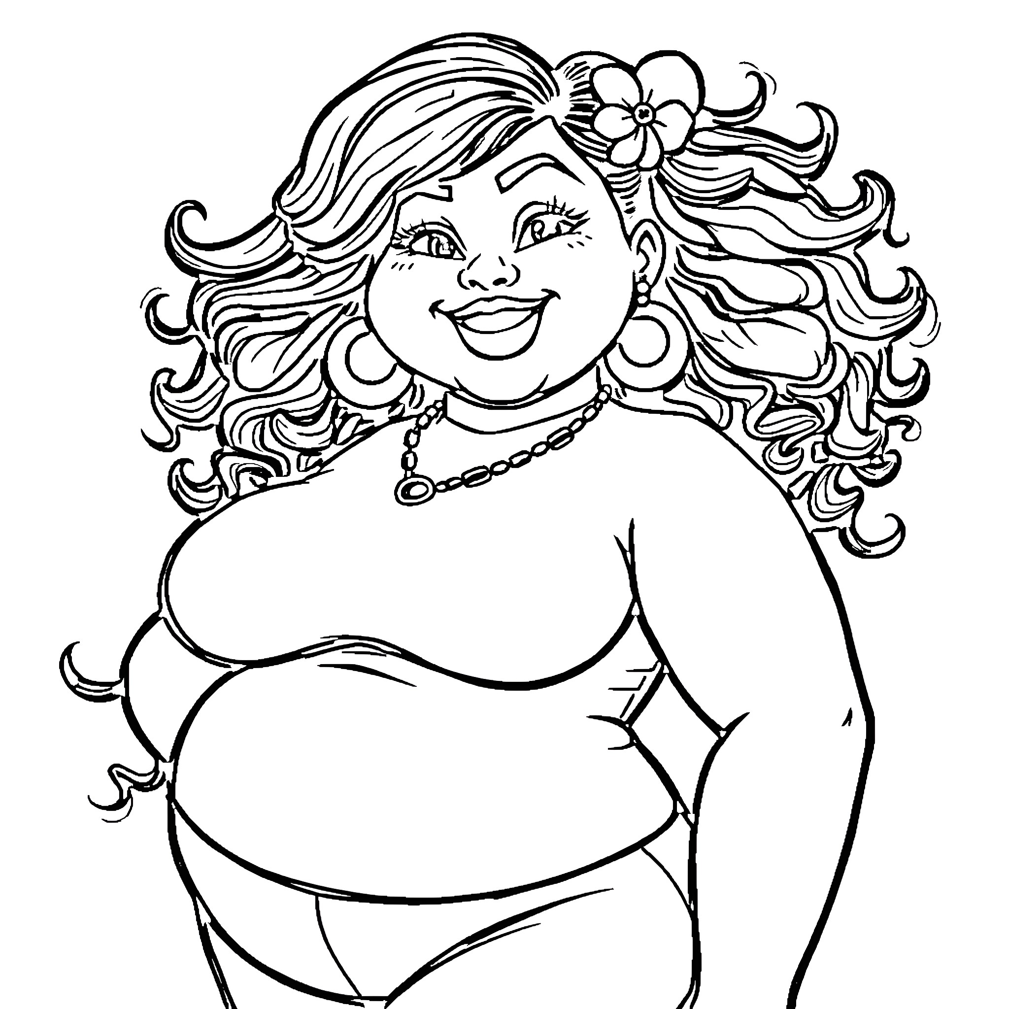 Girl with curly hair and flower enjoying herself Coloring Page (free black-and-white line drawing printable PDF for all, from beginners to advanced learners, including children, teens, adults, and seniors)