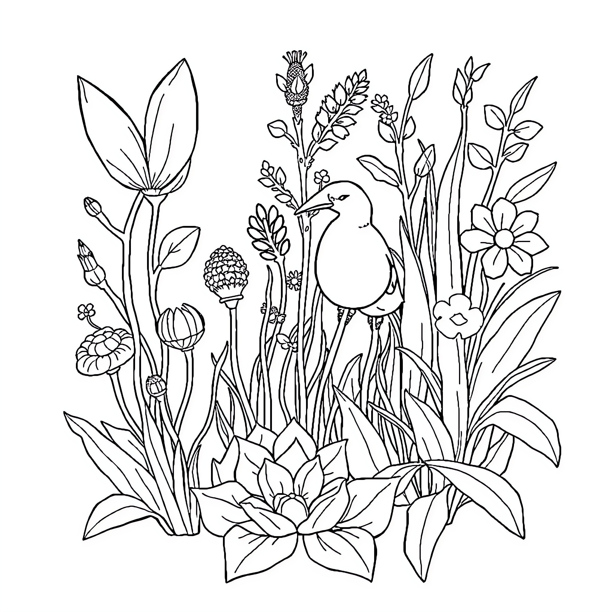 Biology of Floral Elements and Wildlife Coloring Page (free black-and-white line drawing printable PDF for all, from beginners to advanced learners, including children, teens, adults, and seniors)