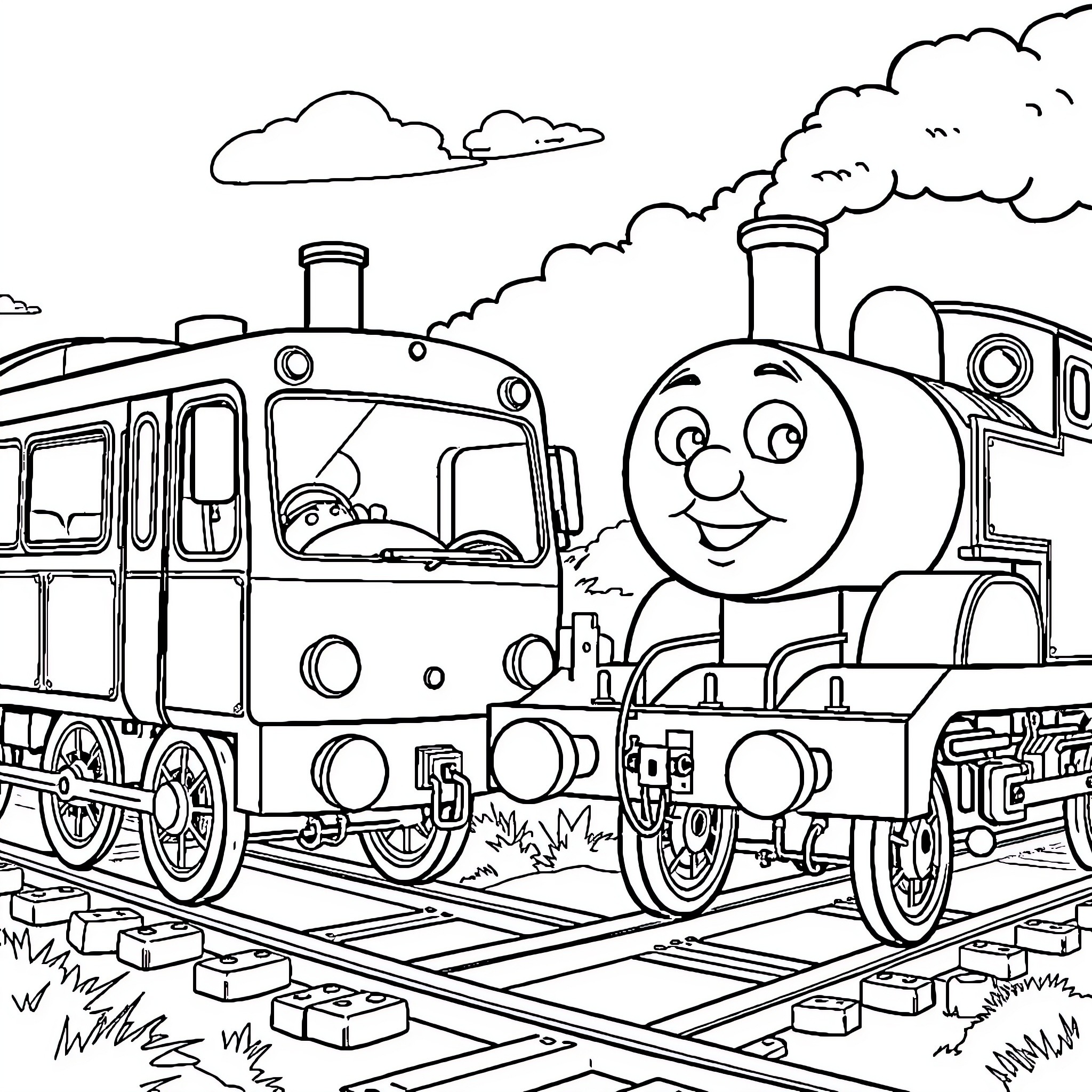 Tayo's Delightful Locomotive Adventure Coloring Page (free black-and-white line drawing printable PDF for all, from beginners to advanced learners, including children, teens, adults, and seniors)