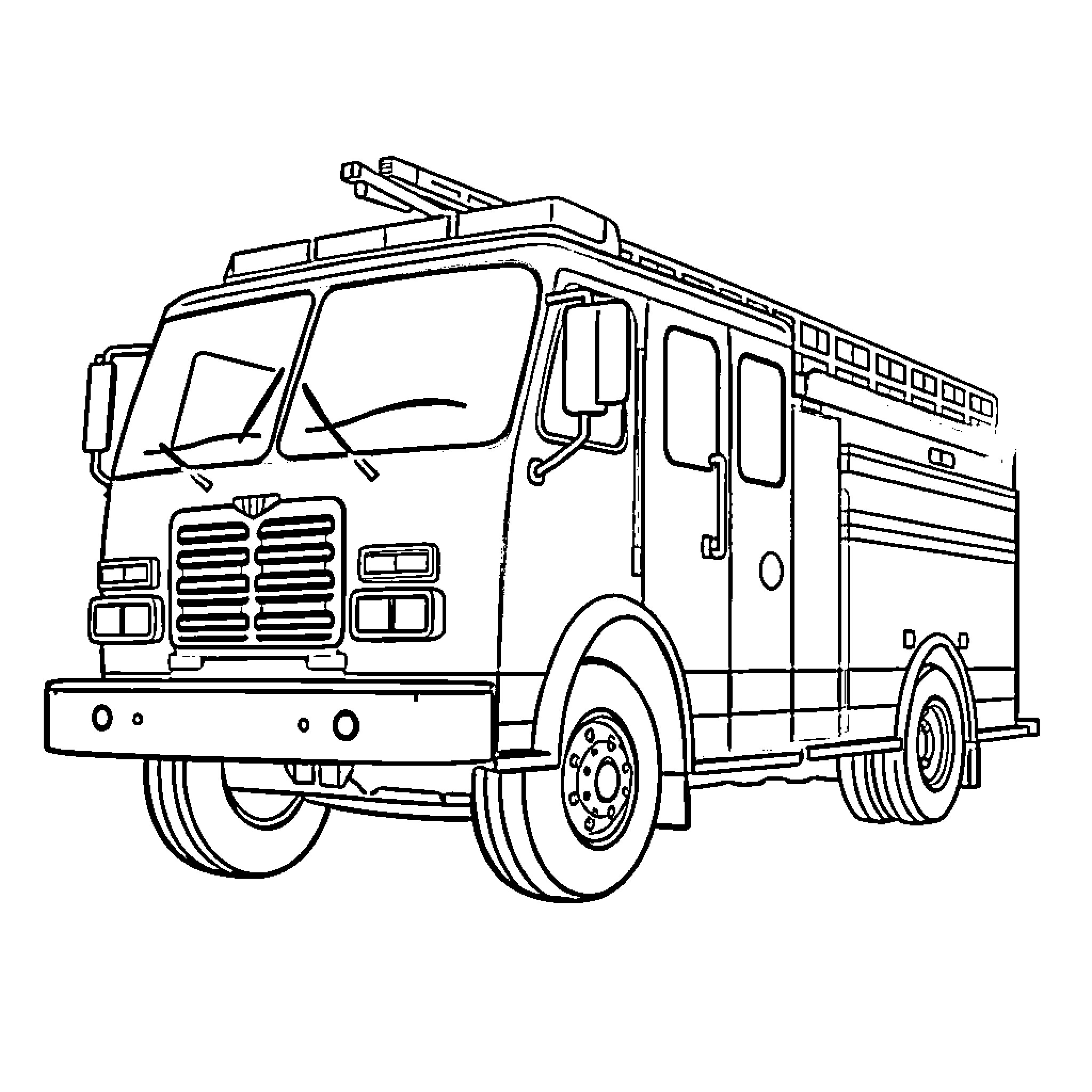 Firetruck with ladders and emergency equipment Coloring Page (free black-and-white line drawing printable PDF for all, from beginners to advanced learners, including children, teens, adults, and seniors)