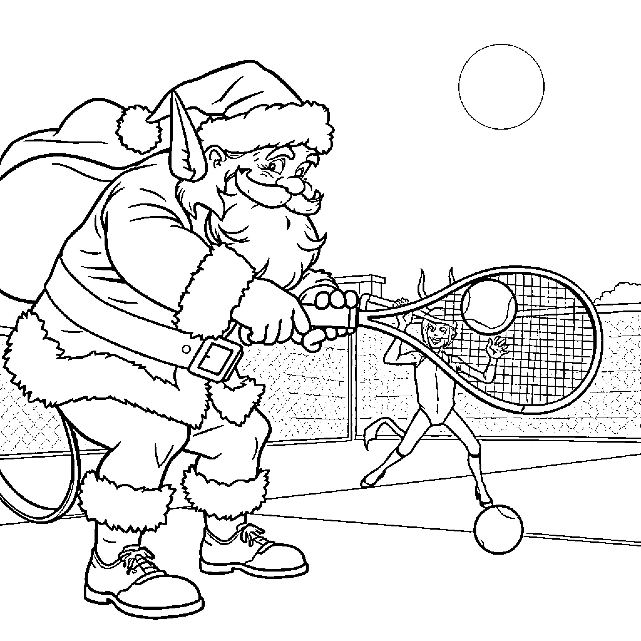 Santa playing tennis with a child Coloring Page (free black-and-white line drawing printable PDF for all, from beginners to advanced learners, including children, teens, adults, and seniors)