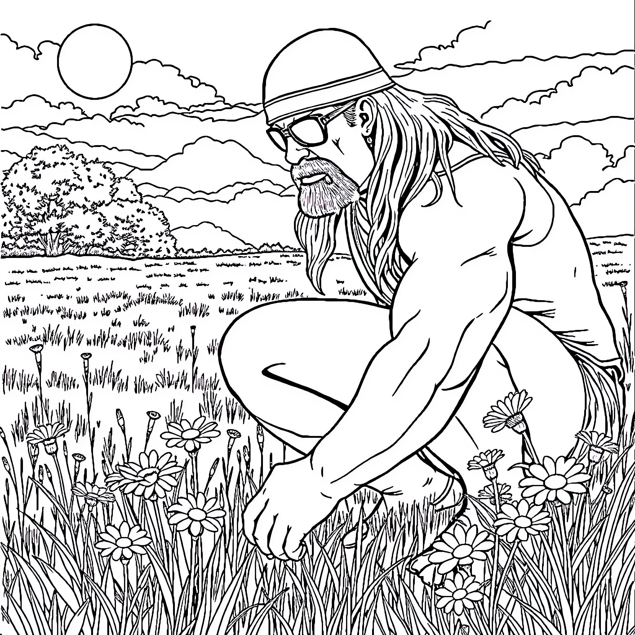 Hulk Hogan contemplating nature in a serene landscape Coloring Page (free black-and-white line drawing printable PDF for all, from beginners to advanced learners, including children, teens, adults, and seniors)