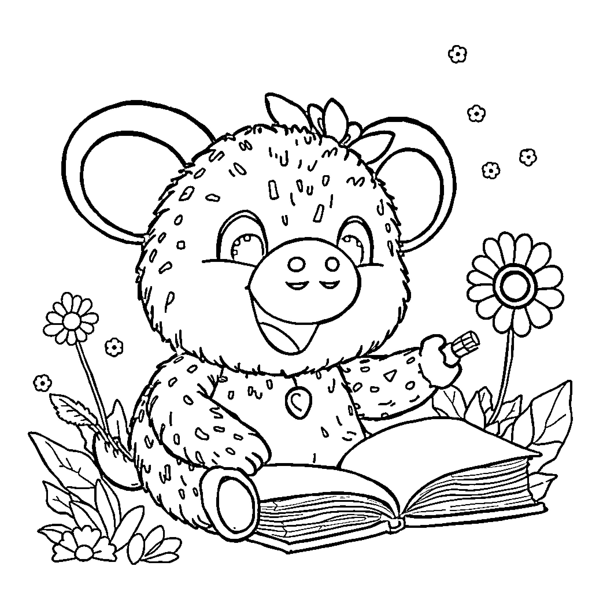 Labubu reading a book in a flowery garden Coloring Page (free black-and-white line drawing printable PDF for all, from beginners to advanced learners, including children, teens, adults, and seniors)