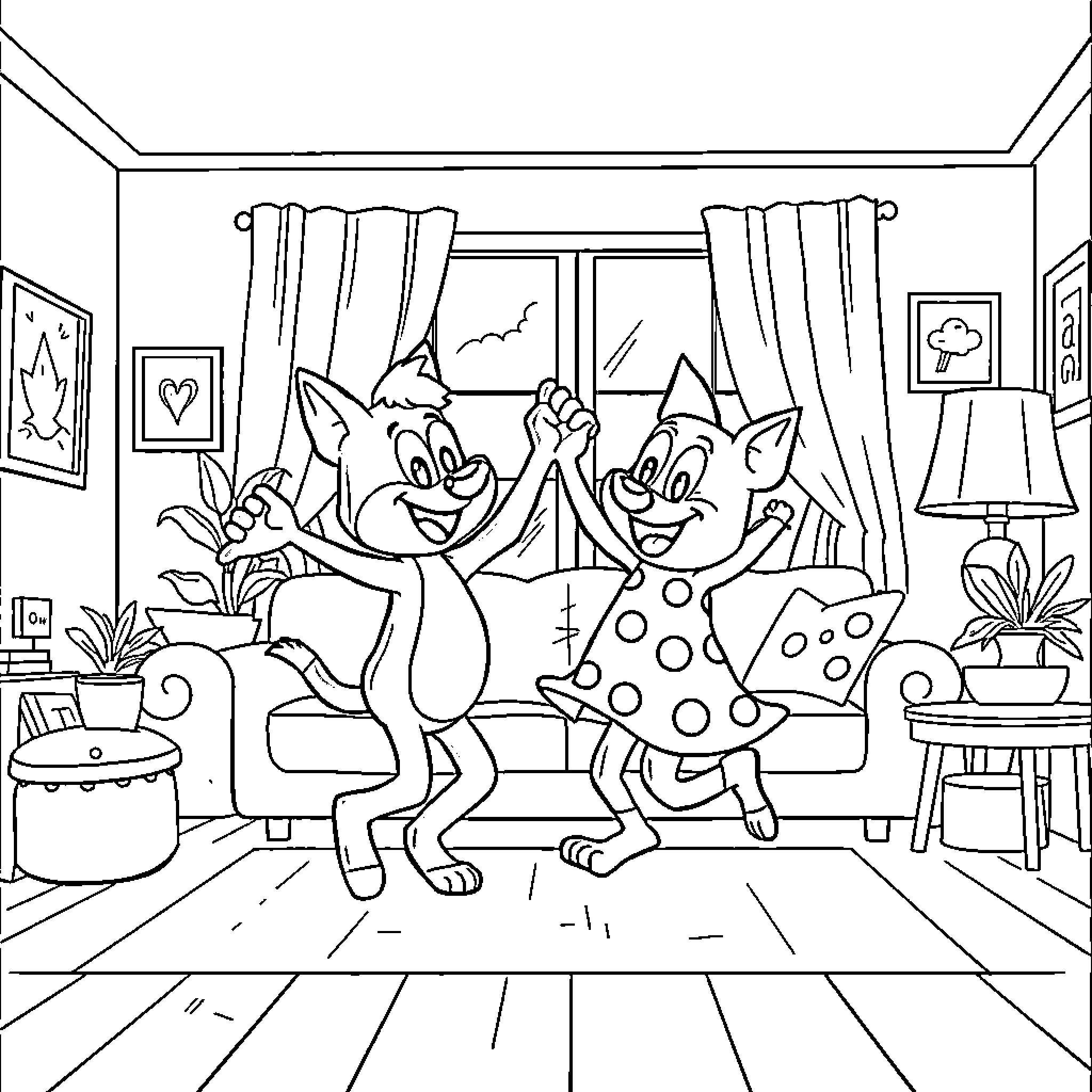 Bluey and friends enjoying a playful indoor adventure Coloring Page (free black-and-white line drawing printable PDF for all, from beginners to advanced learners, including children, teens, adults, and seniors)