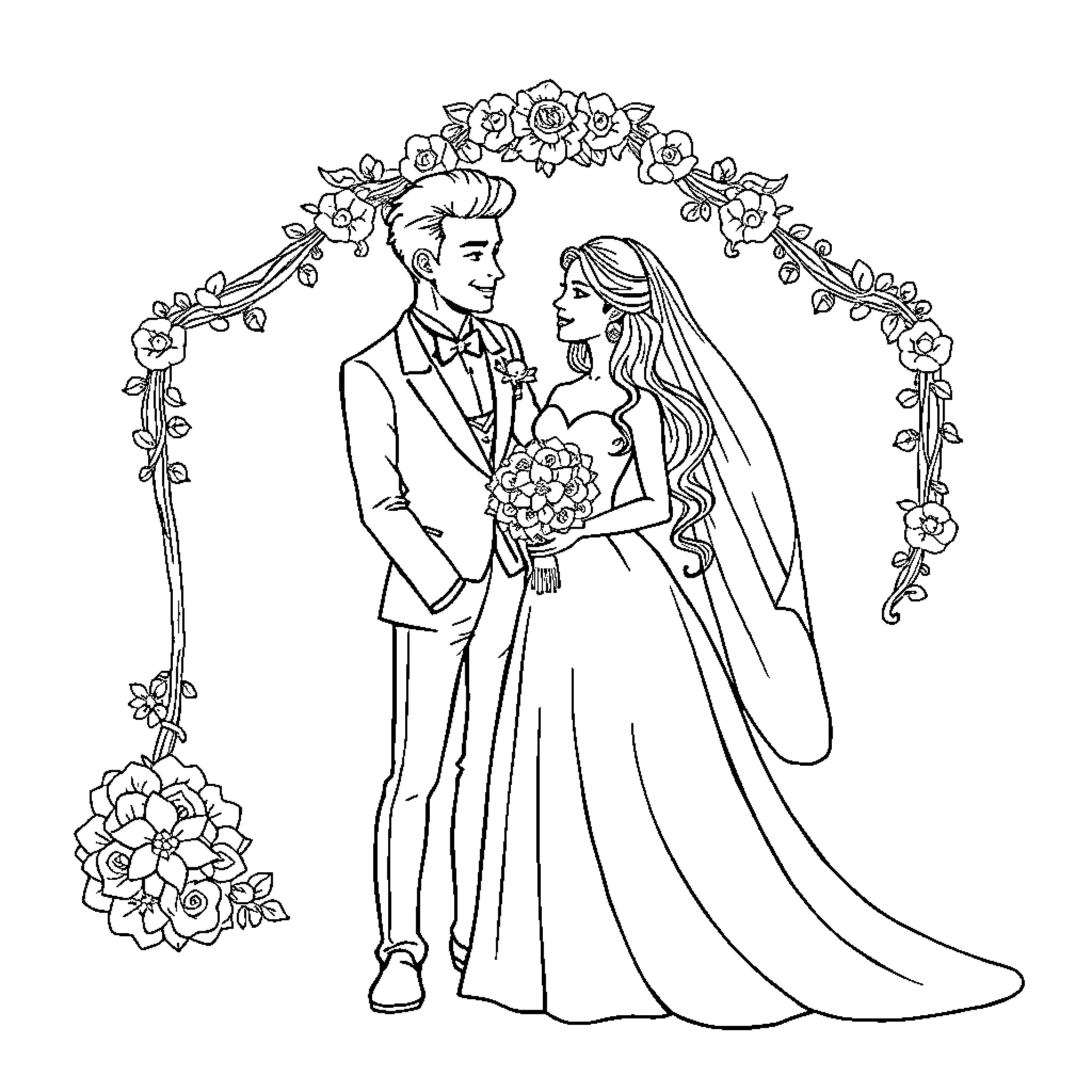 Girl and man in formal wedding attire under floral arch Coloring Page (free black-and-white line drawing printable PDF for all, from beginners to advanced learners, including children, teens, adults, and seniors)