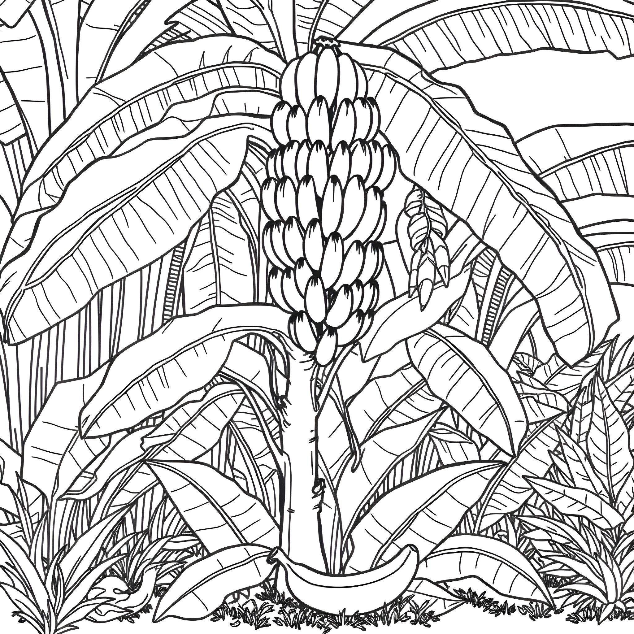 Banana plant in lush tropical setting Coloring Page (free black-and-white line drawing printable PDF for all, from beginners to advanced learners, including children, teens, adults, and seniors)
