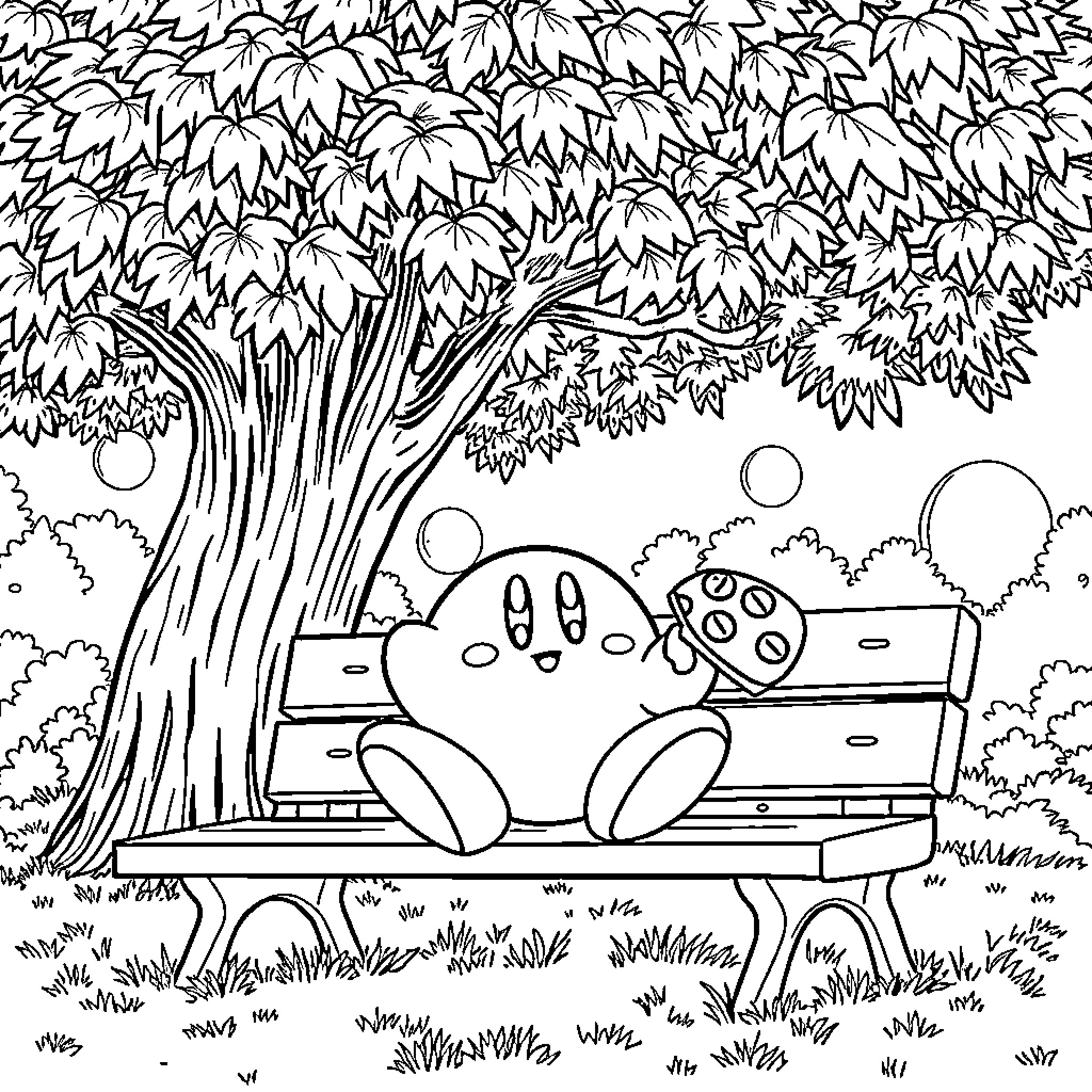 Kirby resting peacefully in a lush, natural setting Coloring Page (free black-and-white line drawing printable PDF for all, from beginners to advanced learners, including children, teens, adults, and seniors)