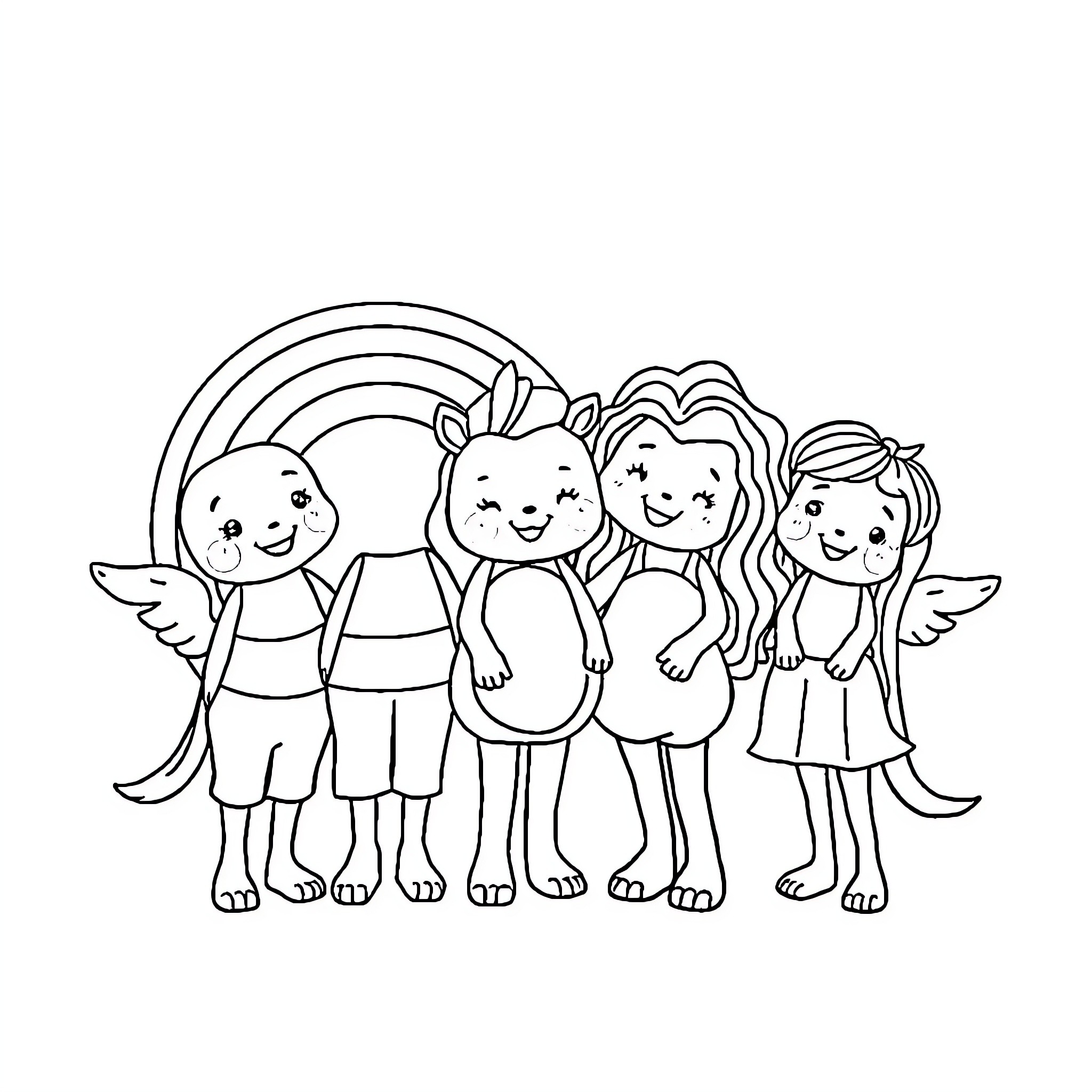 Rainbow Friend Cherish Moments with Friends Coloring Page (free black-and-white line drawing printable PDF for all, from beginners to advanced learners, including children, teens, adults, and seniors)