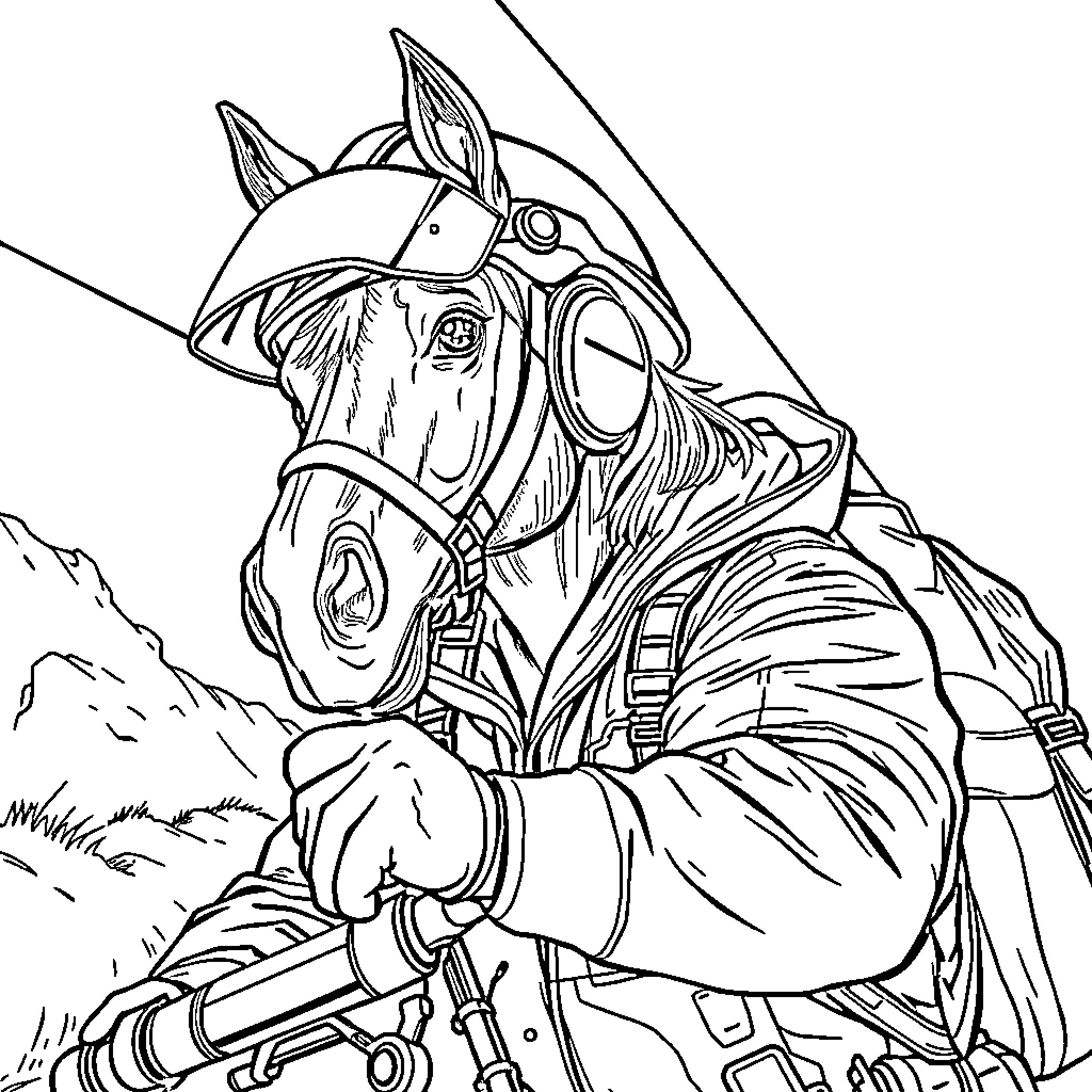Roi's Adventurous Equine Companion Coloring Page (free black-and-white line drawing printable PDF for all, from beginners to advanced learners, including children, teens, adults, and seniors)