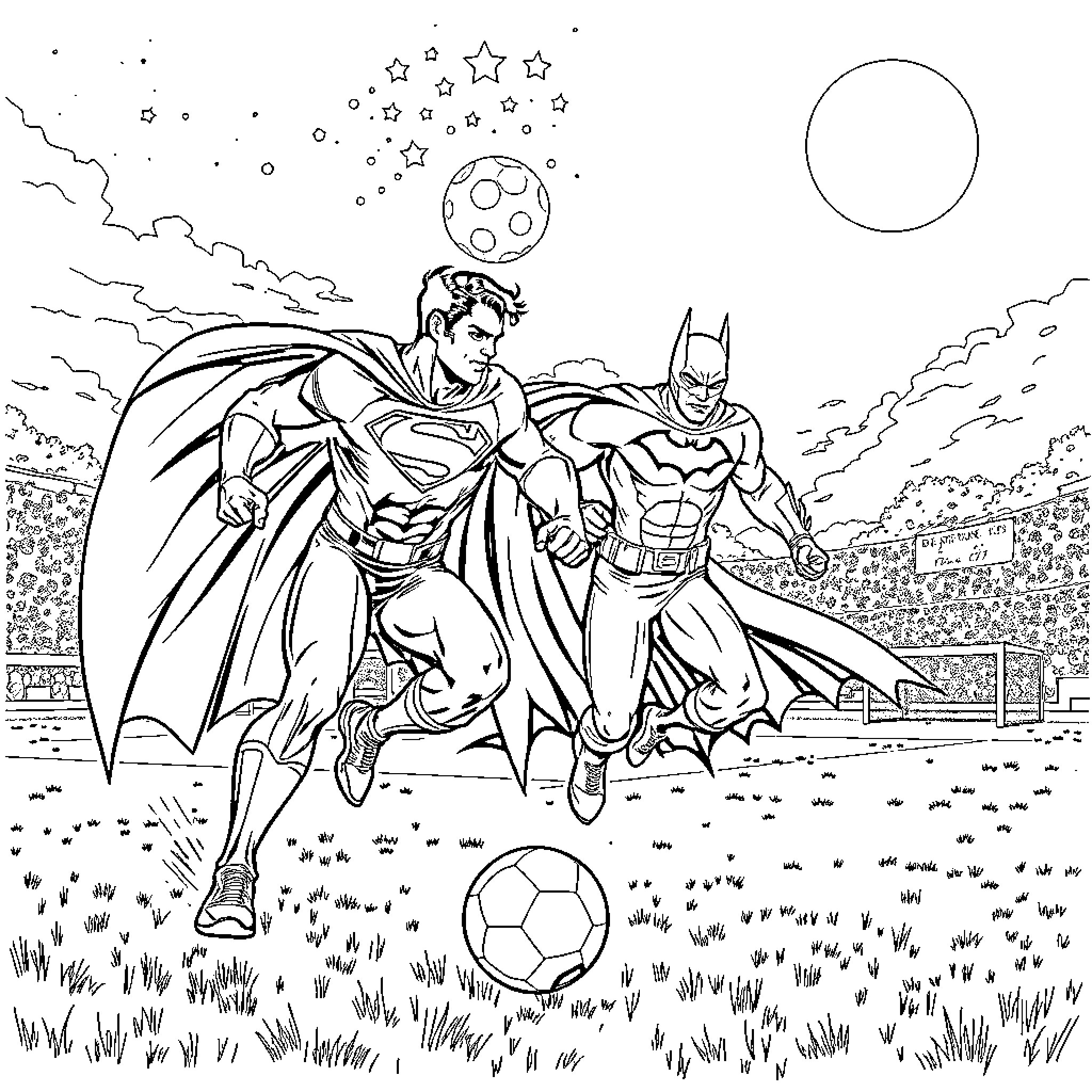 Superman and Batman playing soccer under the stars Coloring Page (free black-and-white line drawing printable PDF for all, from beginners to advanced learners, including children, teens, adults, and seniors)