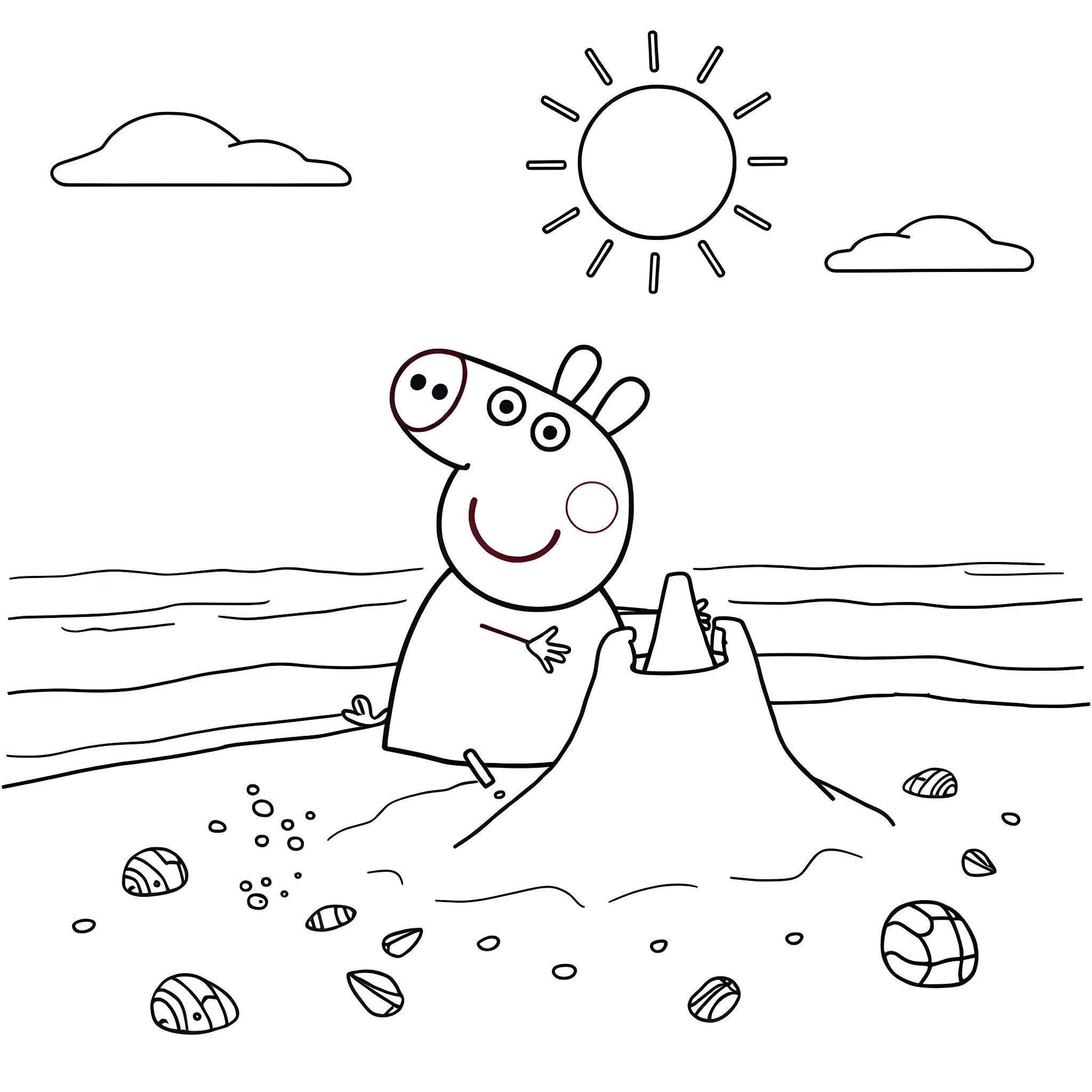 Peppa Pig playing on the beach Coloring Page (free black-and-white line drawing printable PDF for all, from beginners to advanced learners, including children, teens, adults, and seniors)