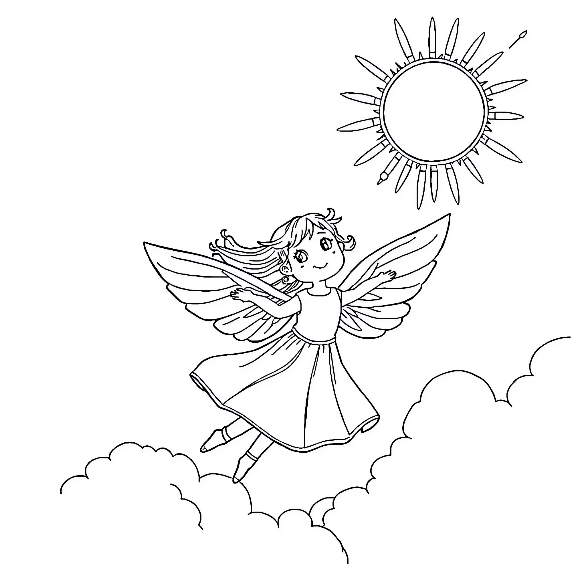 Girl Flying with Fairy Wings in the Sky Coloring Page (free black-and-white line drawing printable PDF for all, from beginners to advanced learners, including children, teens, adults, and seniors)