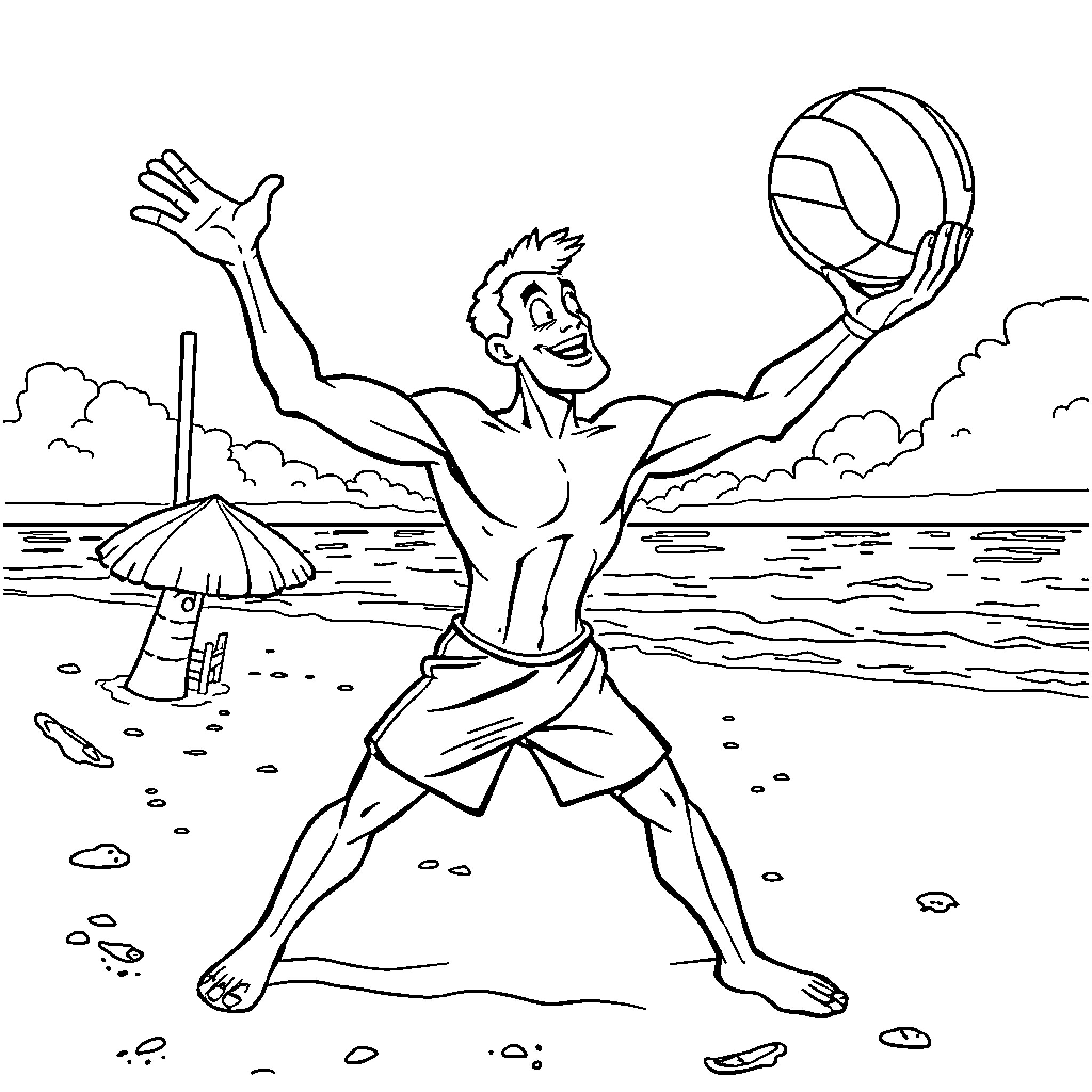 Plastic Man playing volleyball on the beach Coloring Page (free black-and-white line drawing printable PDF for all, from beginners to advanced learners, including children, teens, adults, and seniors)