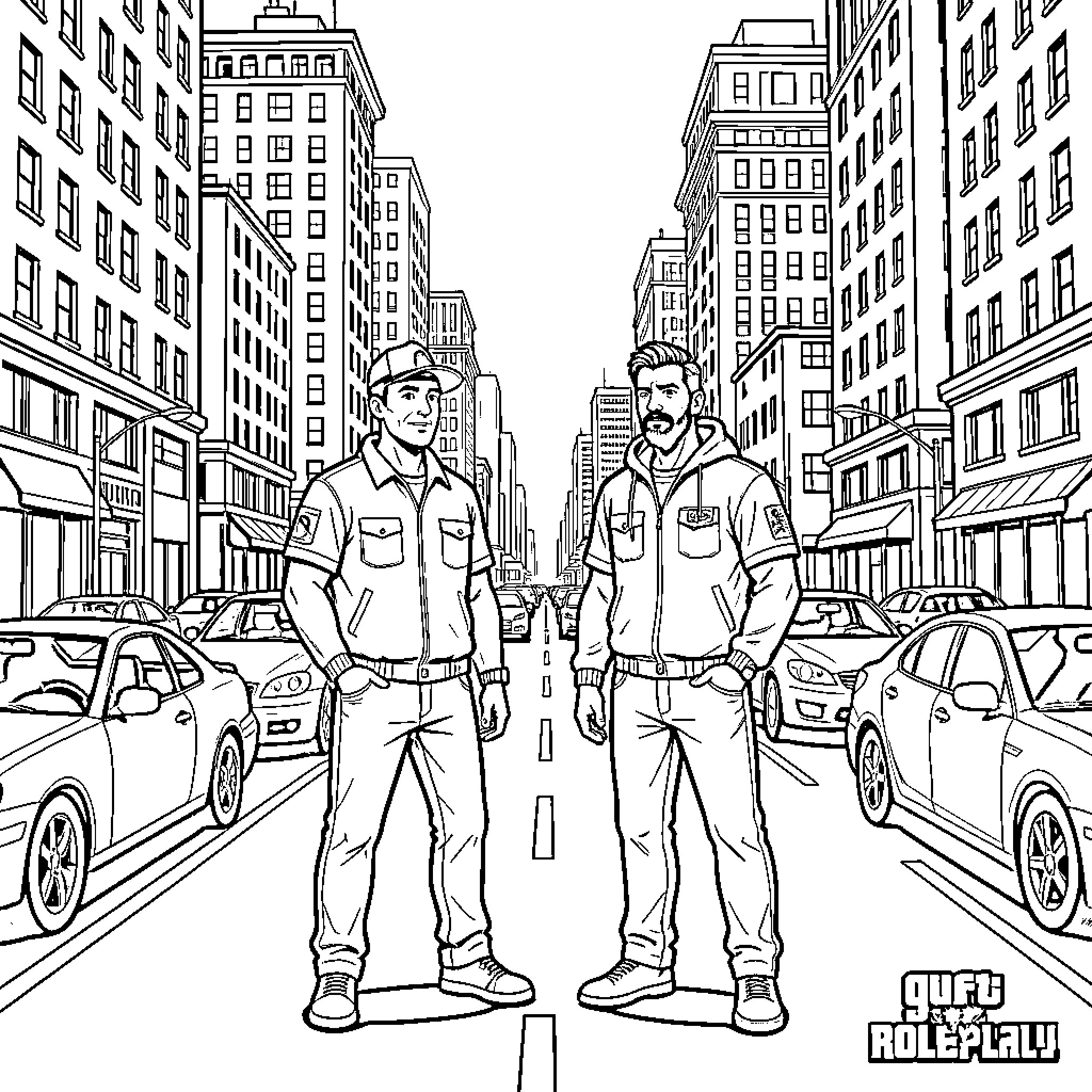 Jack Conway and Colleagues Patrolling the City Streets Coloring Page (free black-and-white line drawing printable PDF for all, from beginners to advanced learners, including children, teens, adults, and seniors)