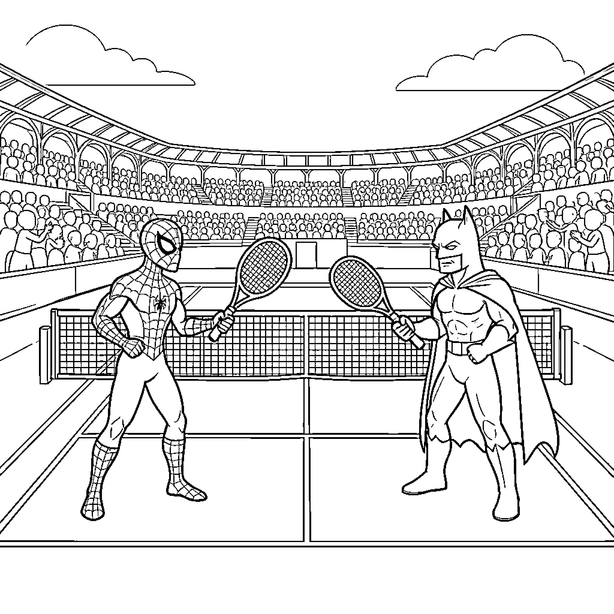 Spiderman playing tennis against Batman in a stadium Coloring Page (free black-and-white line drawing printable PDF for all, from beginners to advanced learners, including children, teens, adults, and seniors)