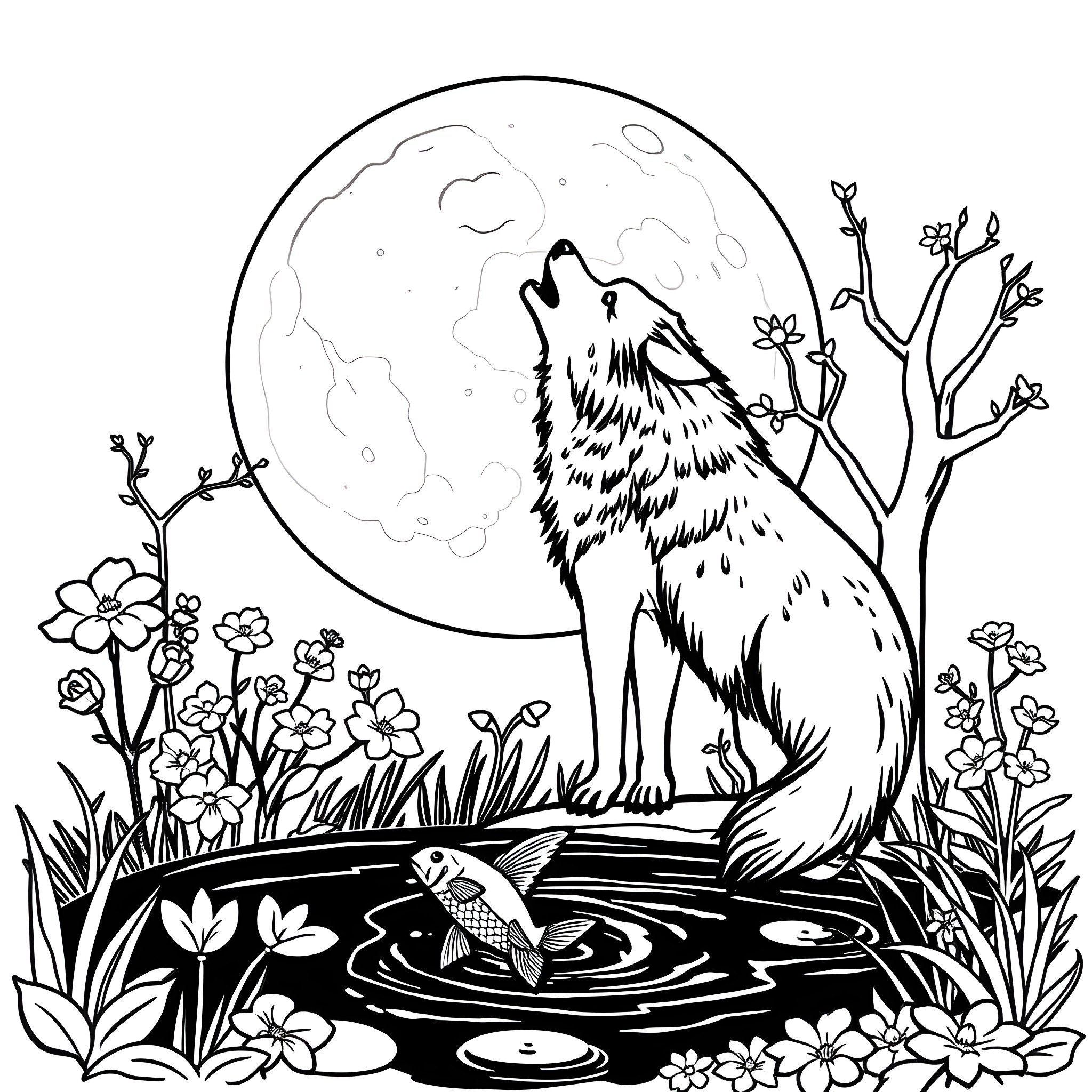 Wolf Howling at the Moonlit Night Coloring Page (free black-and-white line drawing printable PDF for all, from beginners to advanced learners, including children, teens, adults, and seniors)