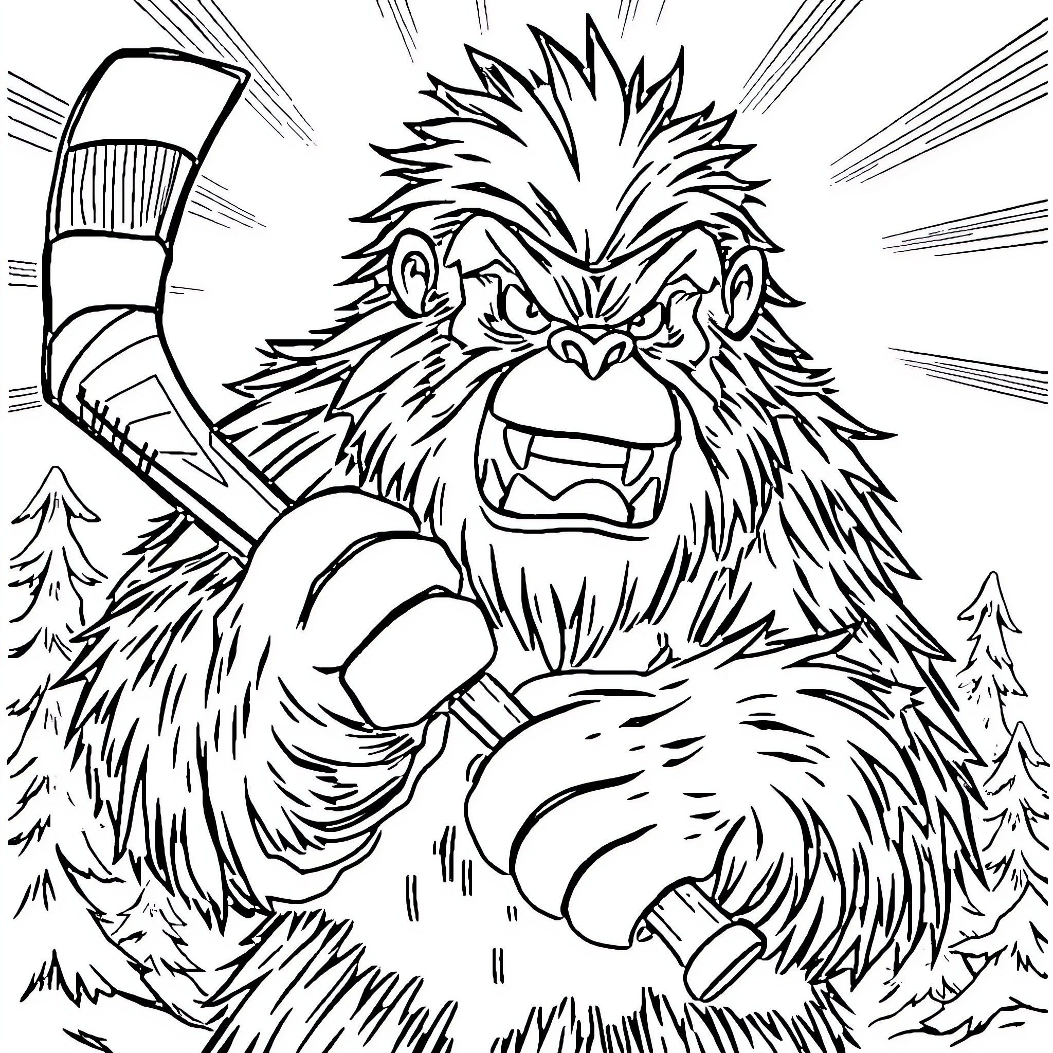 Sasquatch Roaring and Wielding a Weapon in the Forest Coloring Page (free black-and-white line drawing printable PDF for all, from beginners to advanced learners, including children, teens, adults, and seniors)