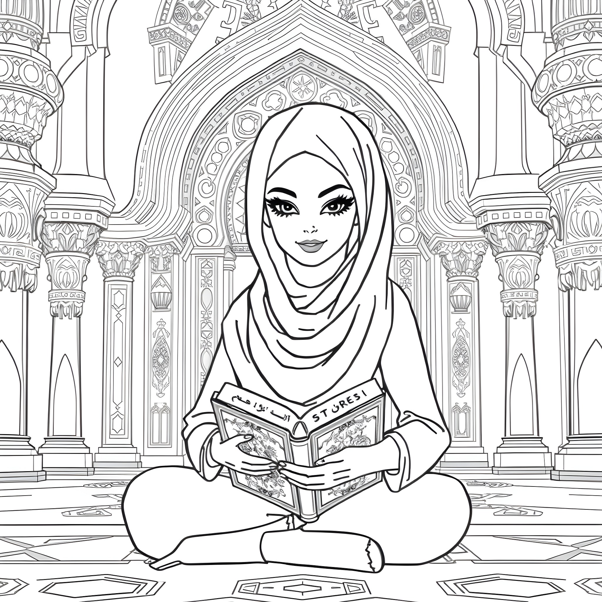 Barbie in a Prayerful Pose with Islamic Architectural Backdrop Coloring Page (free black-and-white line drawing printable PDF for all, from beginners to advanced learners, including children, teens, adults, and seniors)