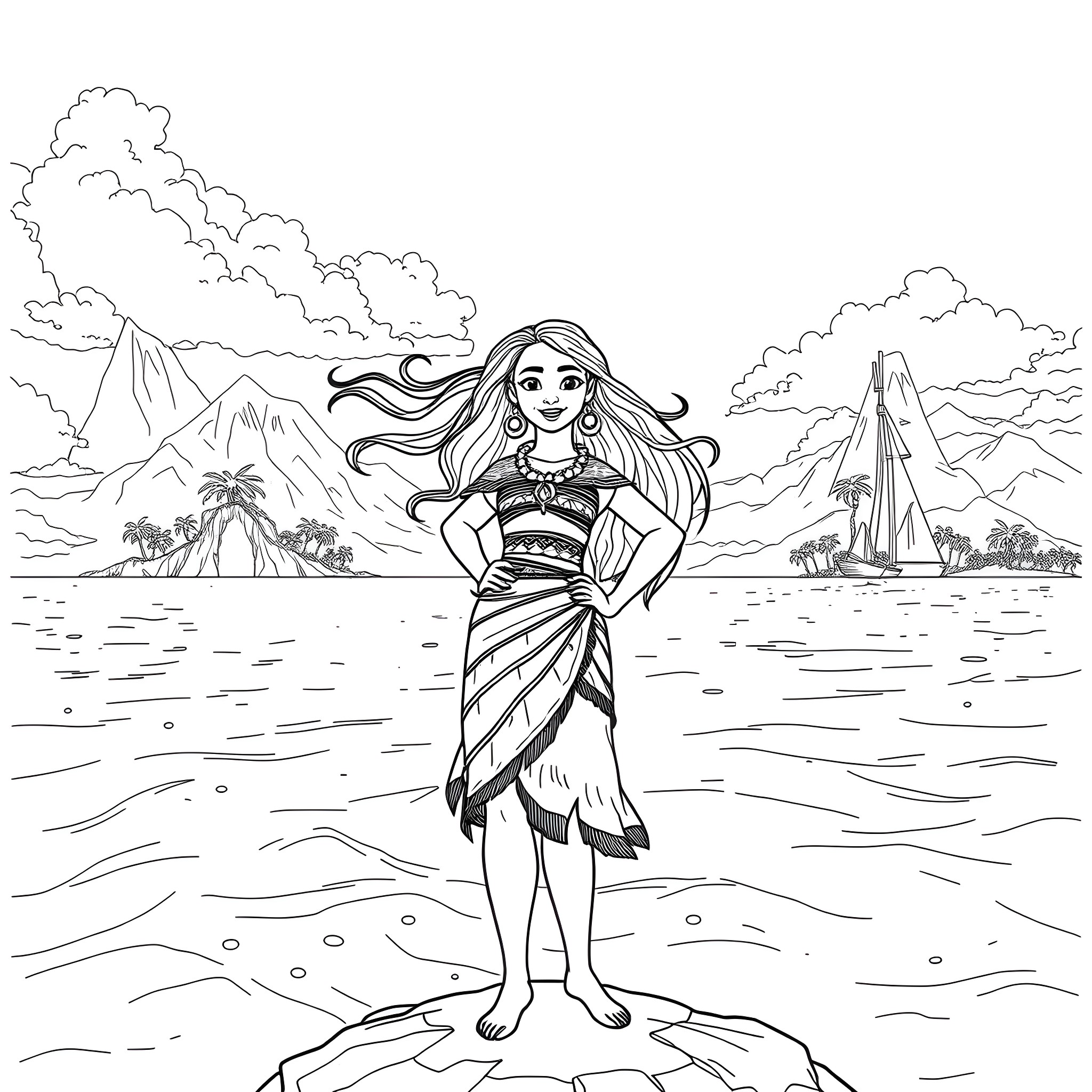 Moana standing proudly in a tropical island landscape Coloring Page (free black-and-white line drawing printable PDF for all, from beginners to advanced learners, including children, teens, adults, and seniors)
