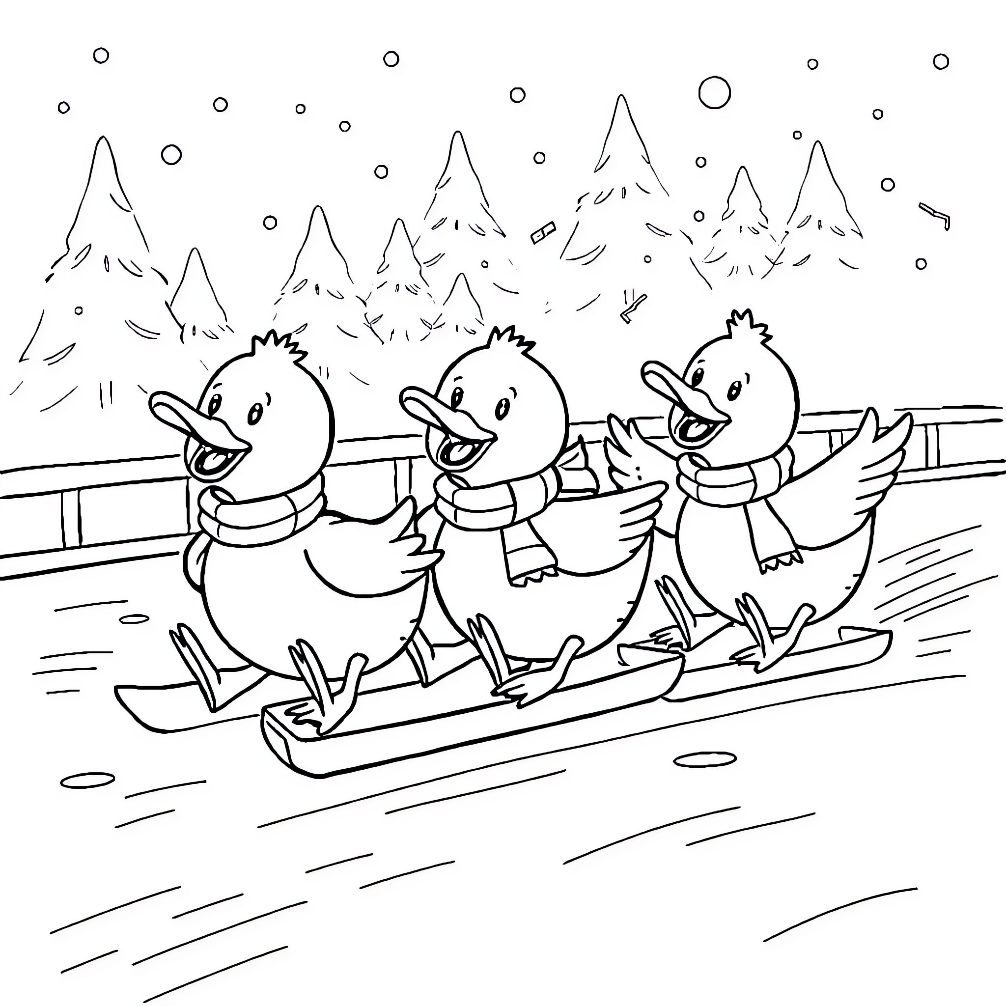 Duck trio sledding down snowy slope Coloring Page (free black-and-white line drawing printable PDF for all, from beginners to advanced learners, including children, teens, adults, and seniors)