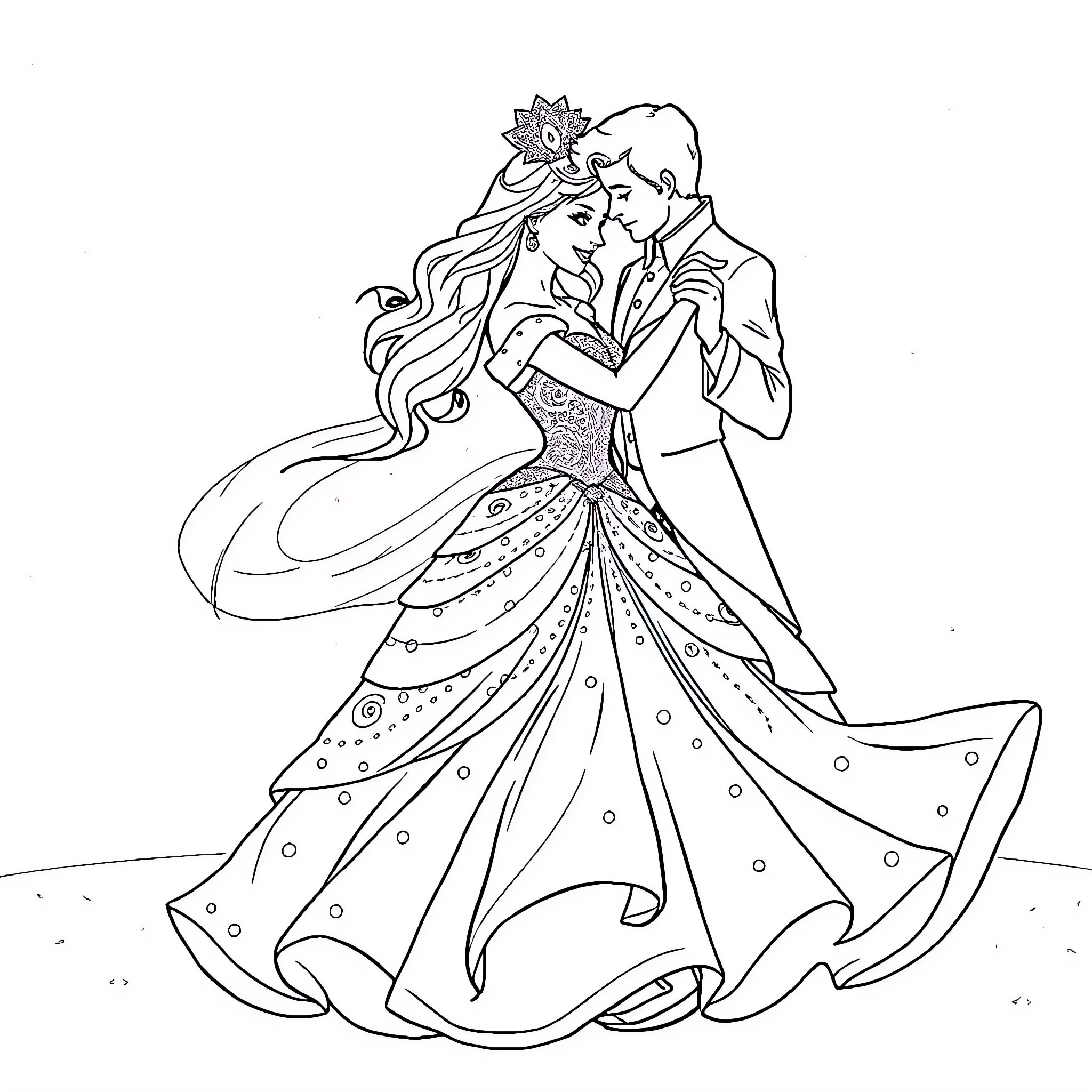 Princess dancing with her prince in the ballroom Coloring Page (free black-and-white line drawing printable PDF for all, from beginners to advanced learners, including children, teens, adults, and seniors)