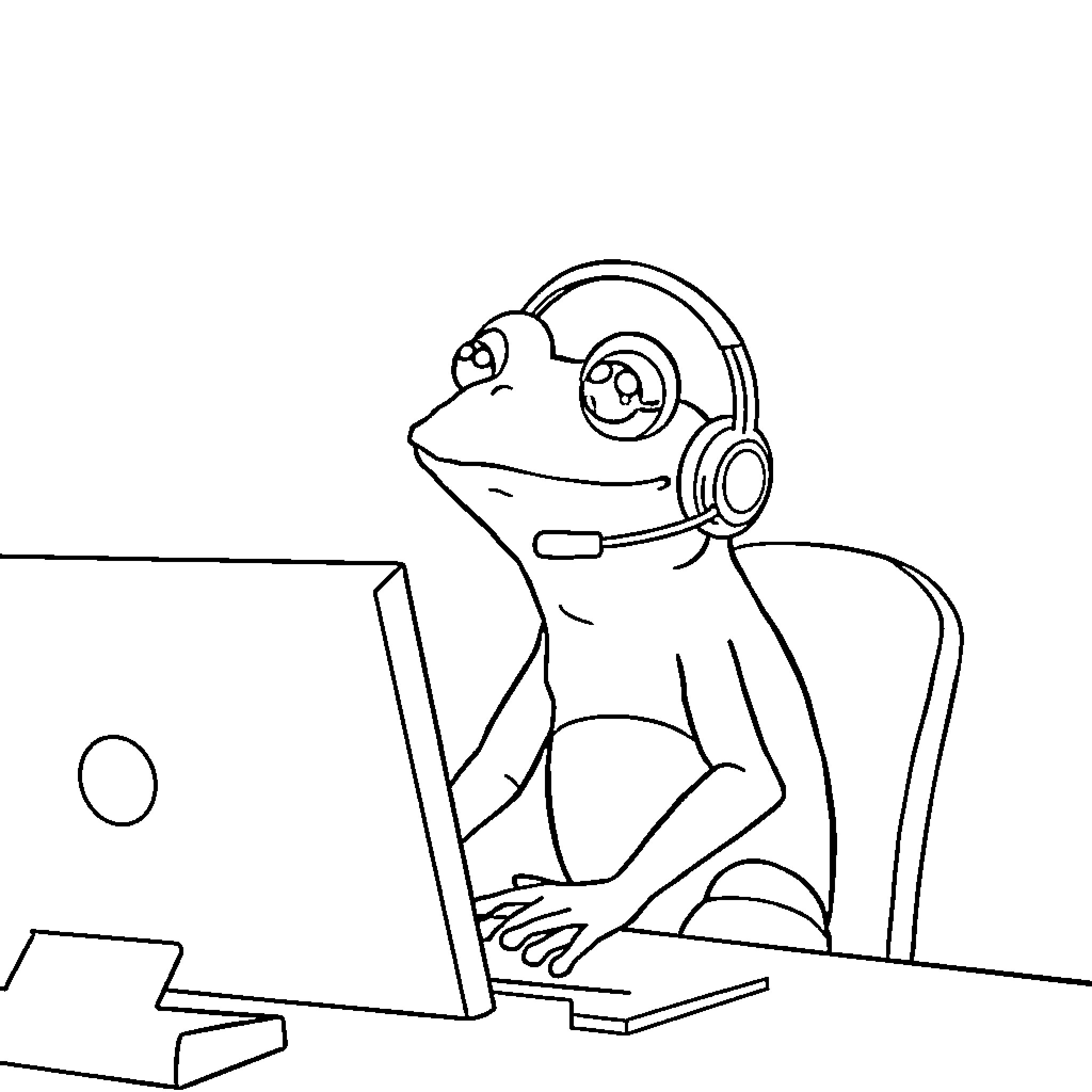 Frog using computer with headphones Coloring Page (free black-and-white line drawing printable PDF for all, from beginners to advanced learners, including children, teens, adults, and seniors)