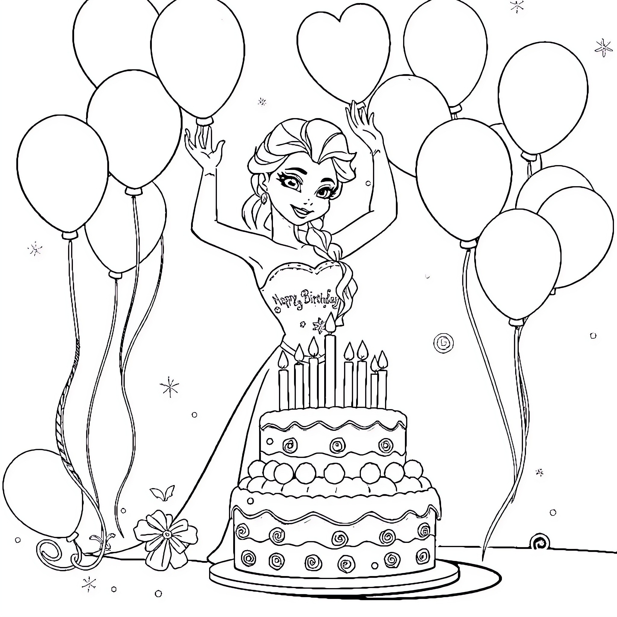 Elsa's Birthday Celebration with Balloons and Cake Coloring Page (free black-and-white line drawing printable PDF for all, from beginners to advanced learners, including children, teens, adults, and seniors)