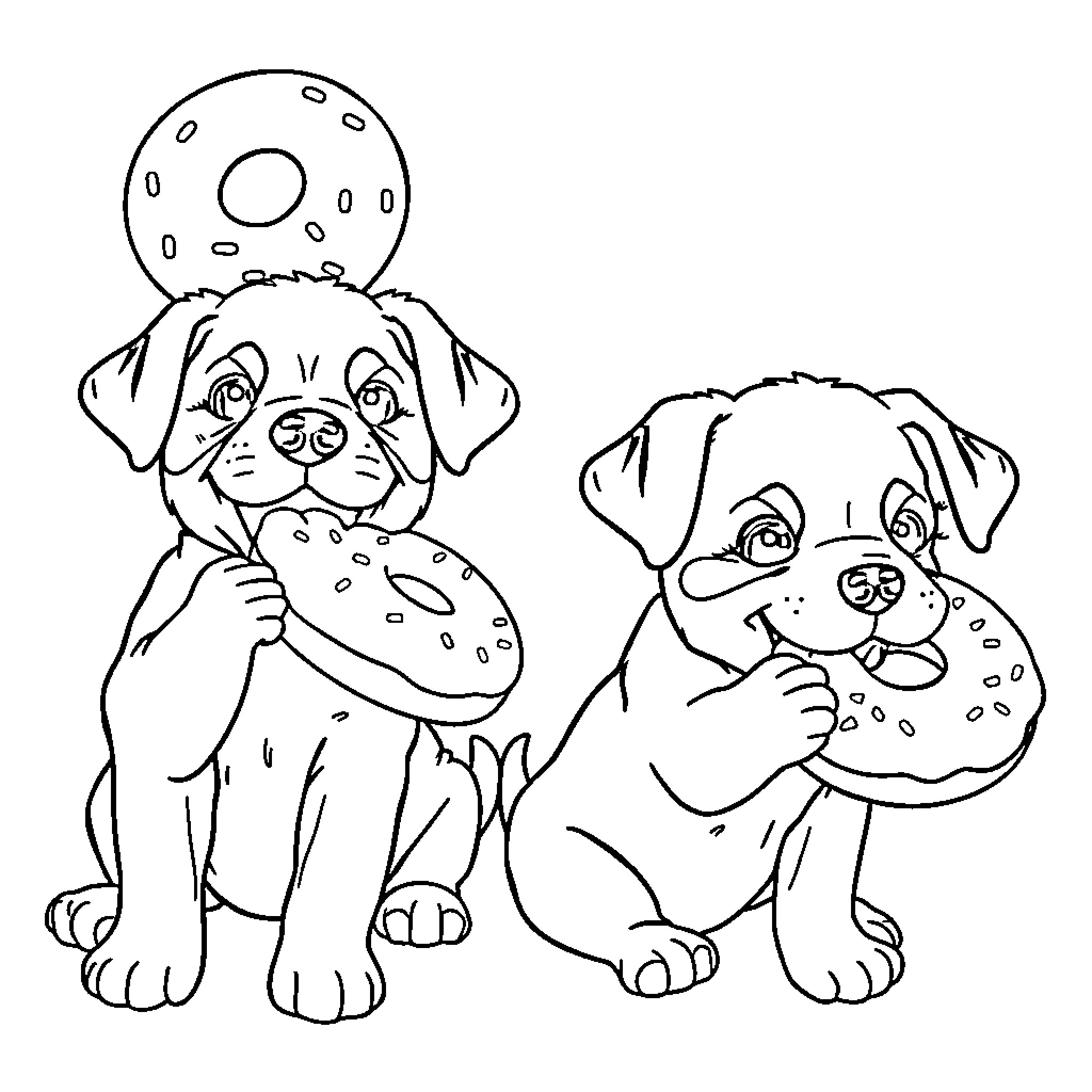 Puppies playing with donuts Coloring Page (free black-and-white line drawing printable PDF for all, from beginners to advanced learners, including children, teens, adults, and seniors)