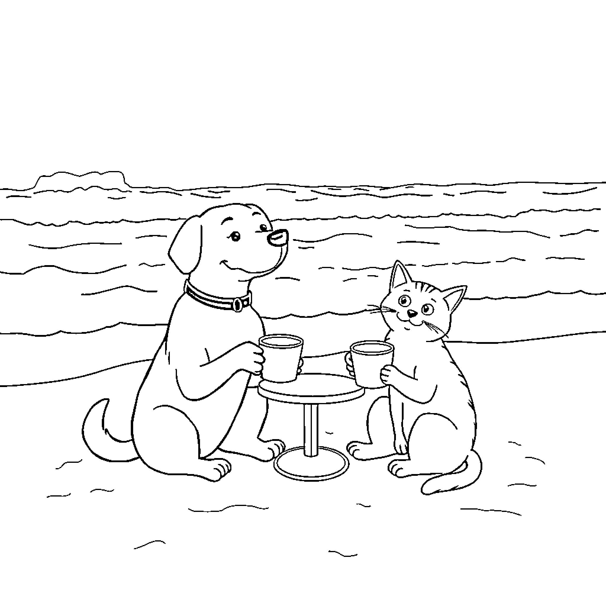 Dog and cat enjoying drinks at the beach Coloring Page (free black-and-white line drawing printable PDF for all, from beginners to advanced learners, including children, teens, adults, and seniors)