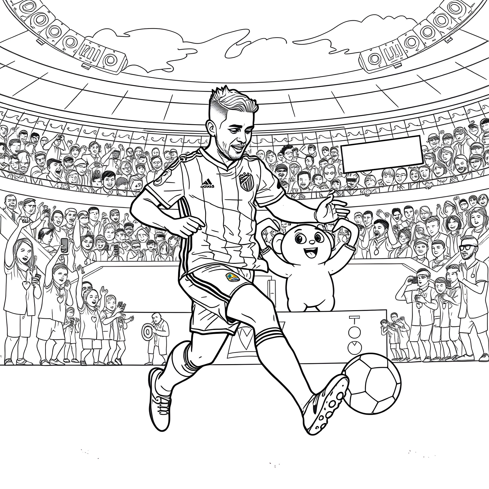 Paulo Dybala playing football with a teddy bear on the field Coloring Page (free black-and-white line drawing printable PDF for all, from beginners to advanced learners, including children, teens, adults, and seniors)
