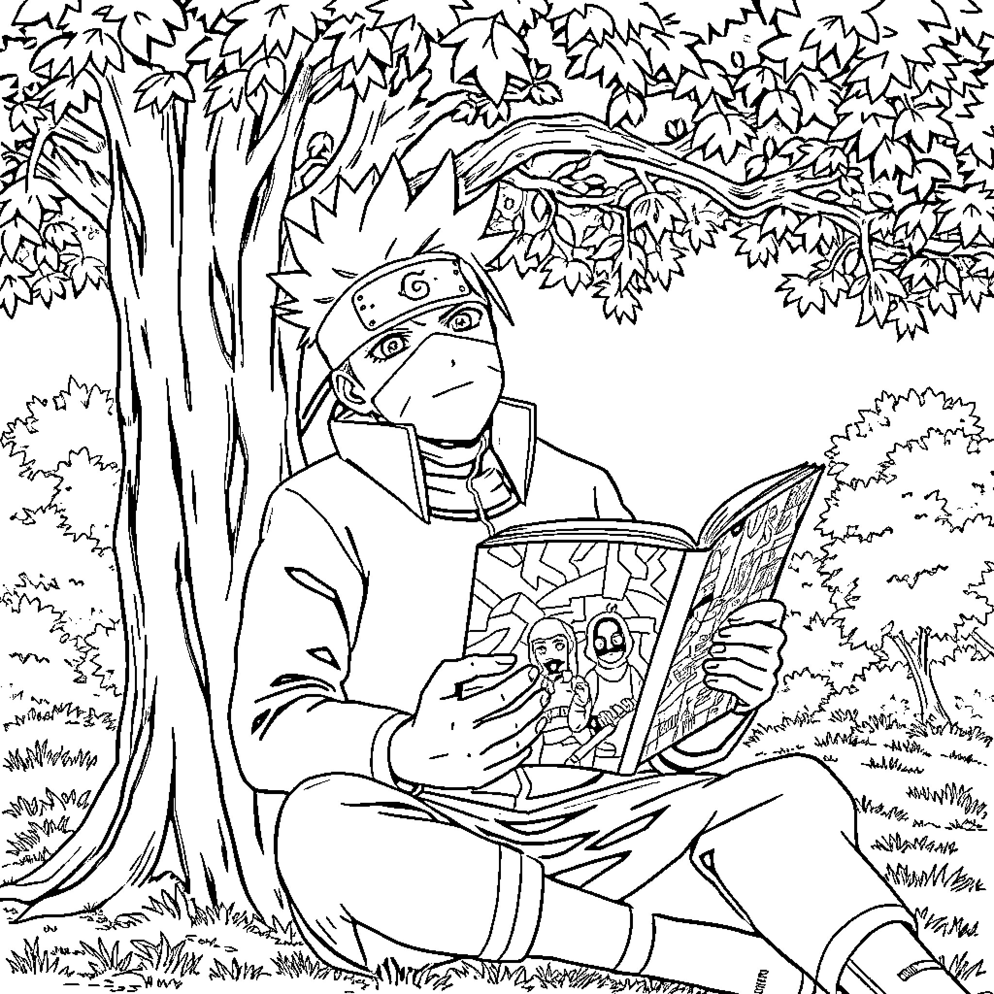 Kakashi Reading Quietly in the Woodland Coloring Page (free black-and-white line drawing printable PDF for all, from beginners to advanced learners, including children, teens, adults, and seniors)