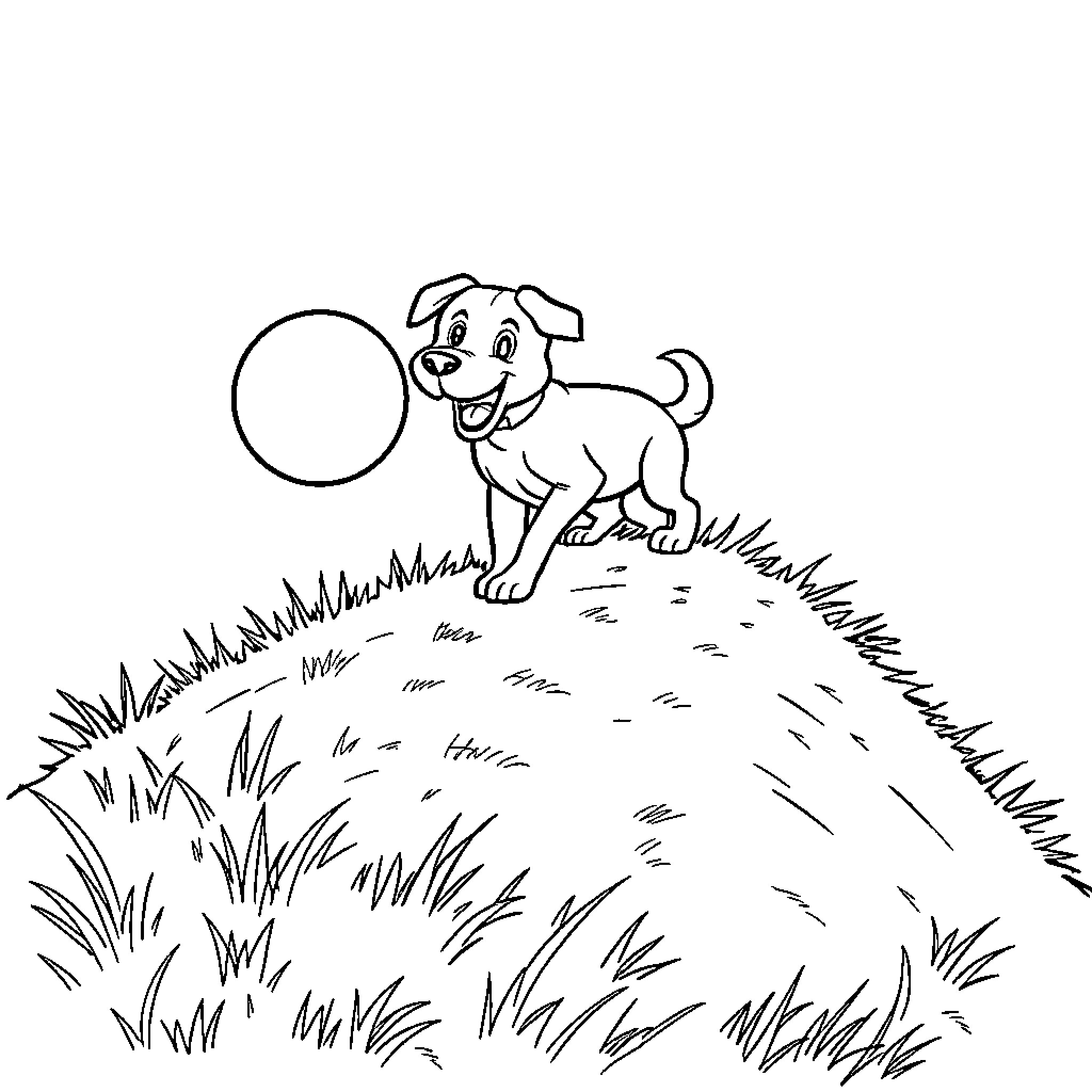 Dog playing with ball in the grass Coloring Page (free black-and-white line drawing printable PDF for all, from beginners to advanced learners, including children, teens, adults, and seniors)