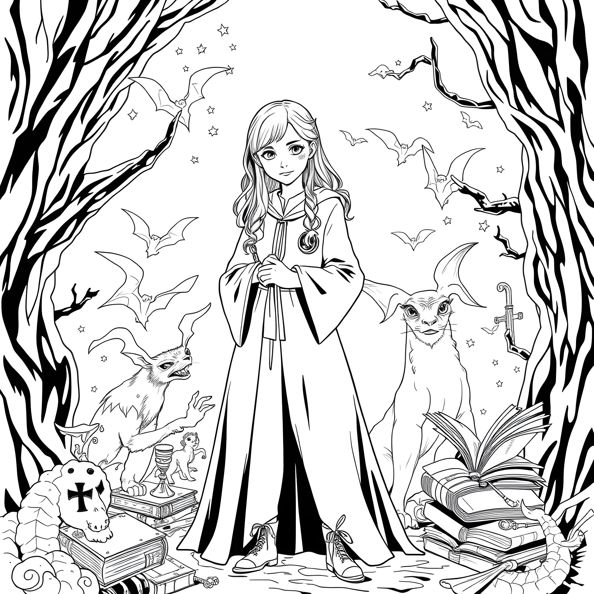 Daughter in a magical forest with enchanted creatures Coloring Page (free black-and-white line drawing printable PDF for all, from beginners to advanced learners, including children, teens, adults, and seniors)