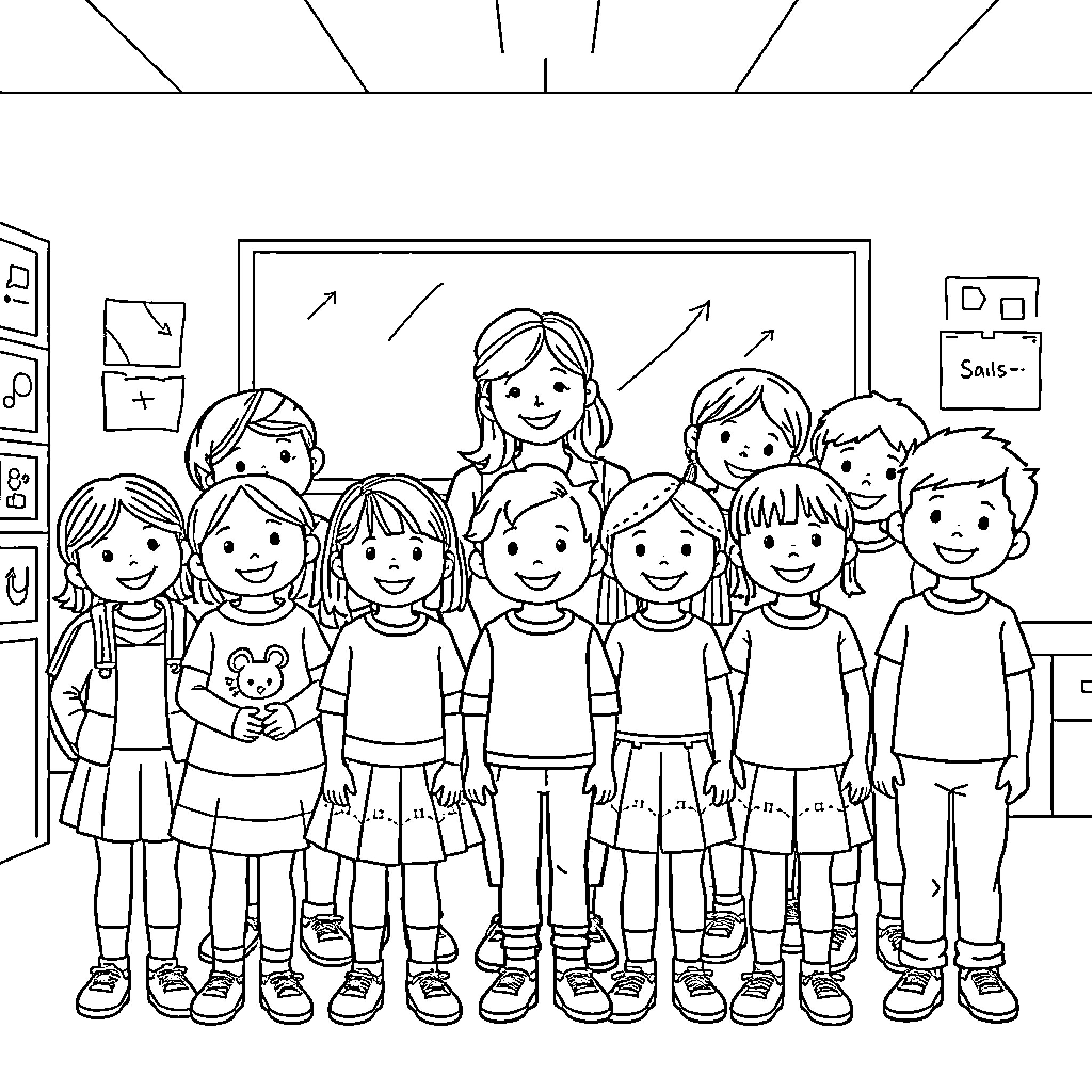 Class Photo of Happy Students Coloring Page (free black-and-white line drawing printable PDF for all, from beginners to advanced learners, including children, teens, adults, and seniors)