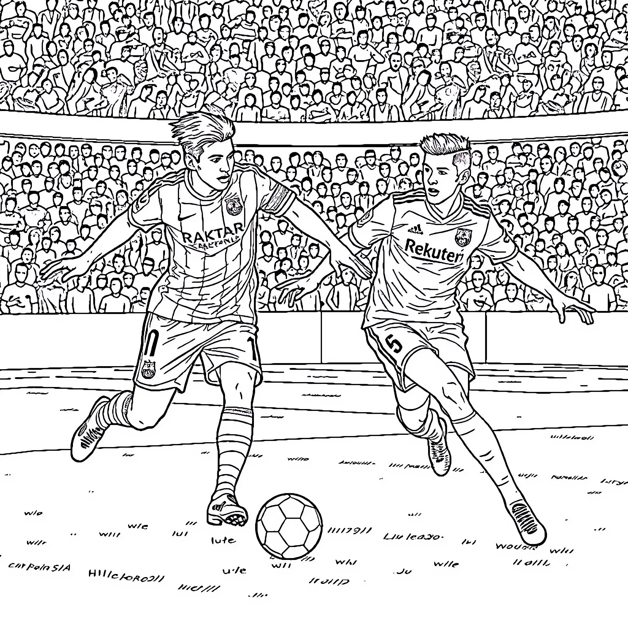 Messi and Mbappe Duel on the Soccer Field Coloring Page (free black-and-white line drawing printable PDF for all, from beginners to advanced learners, including children, teens, adults, and seniors)