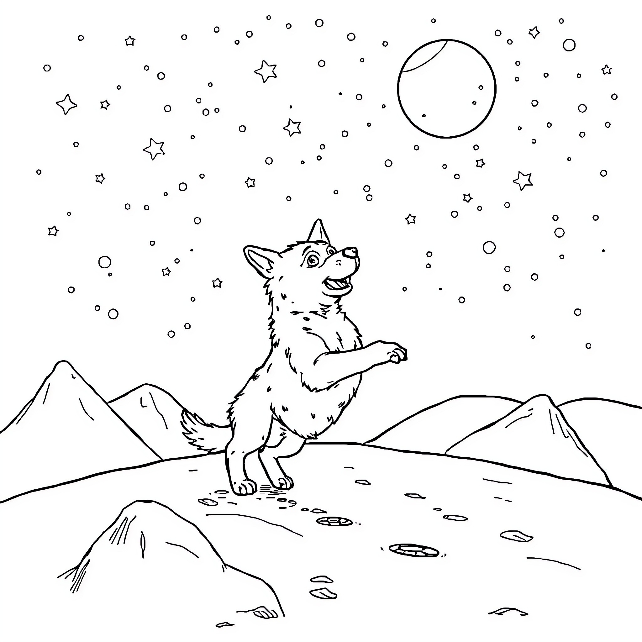 Dog gazing at the starry night sky Coloring Page (free black-and-white line drawing printable PDF for all, from beginners to advanced learners, including children, teens, adults, and seniors)