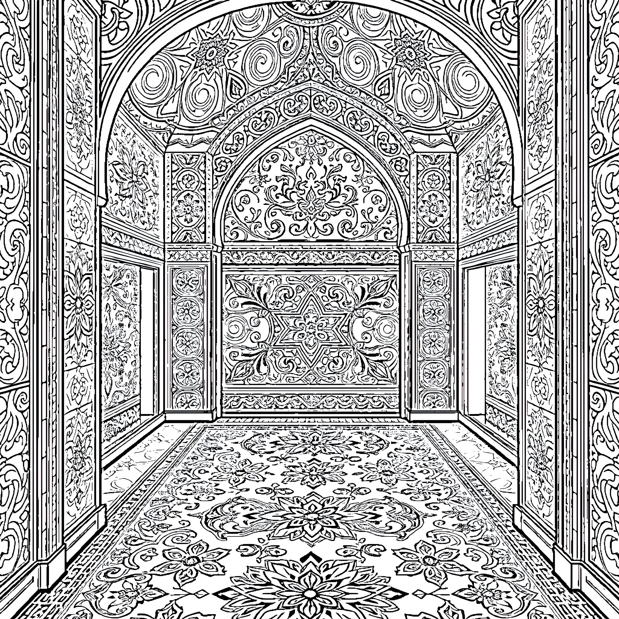 Islamic Tile Mural with Intricate Architectural Patterns Coloring Page (free black-and-white line drawing printable PDF for all, from beginners to advanced learners, including children, teens, adults, and seniors)