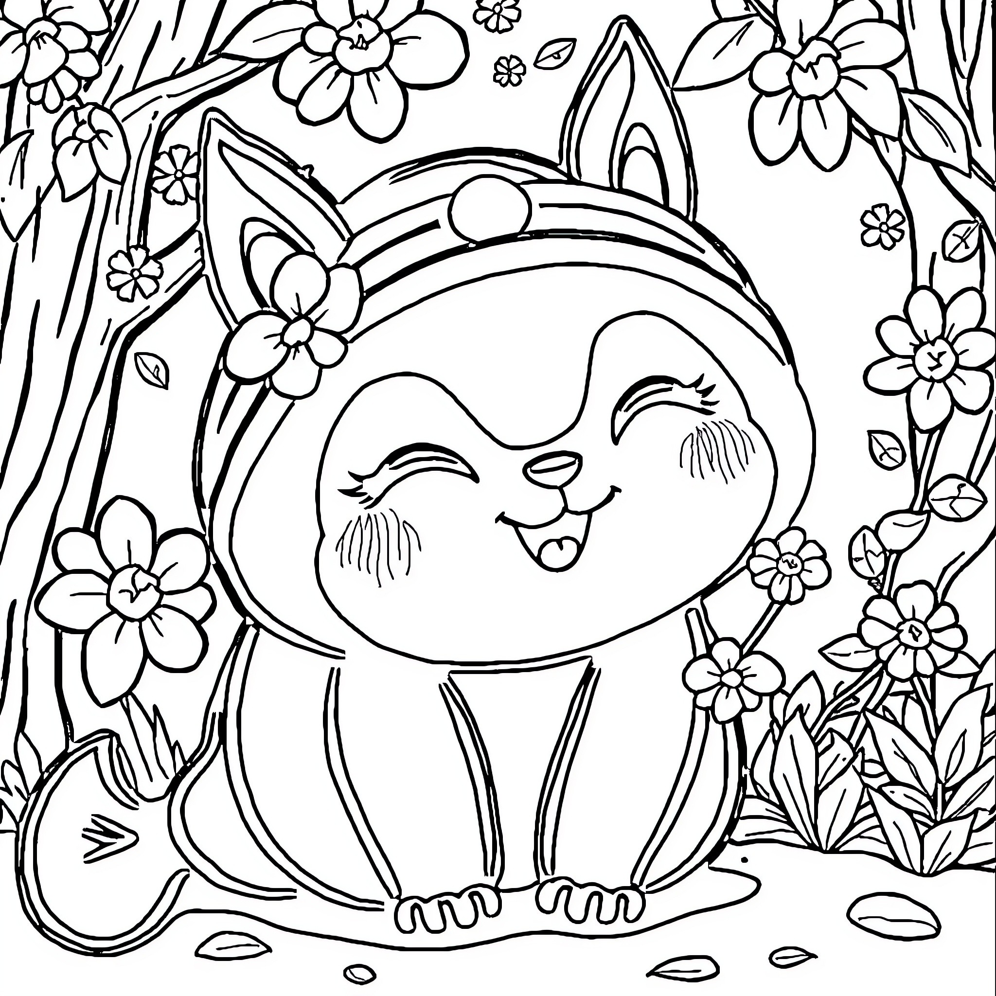 Nasurudheen's Playful Kitty in the Blossoming Garden Coloring Page (free black-and-white line drawing printable PDF for all, from beginners to advanced learners, including children, teens, adults, and seniors)
