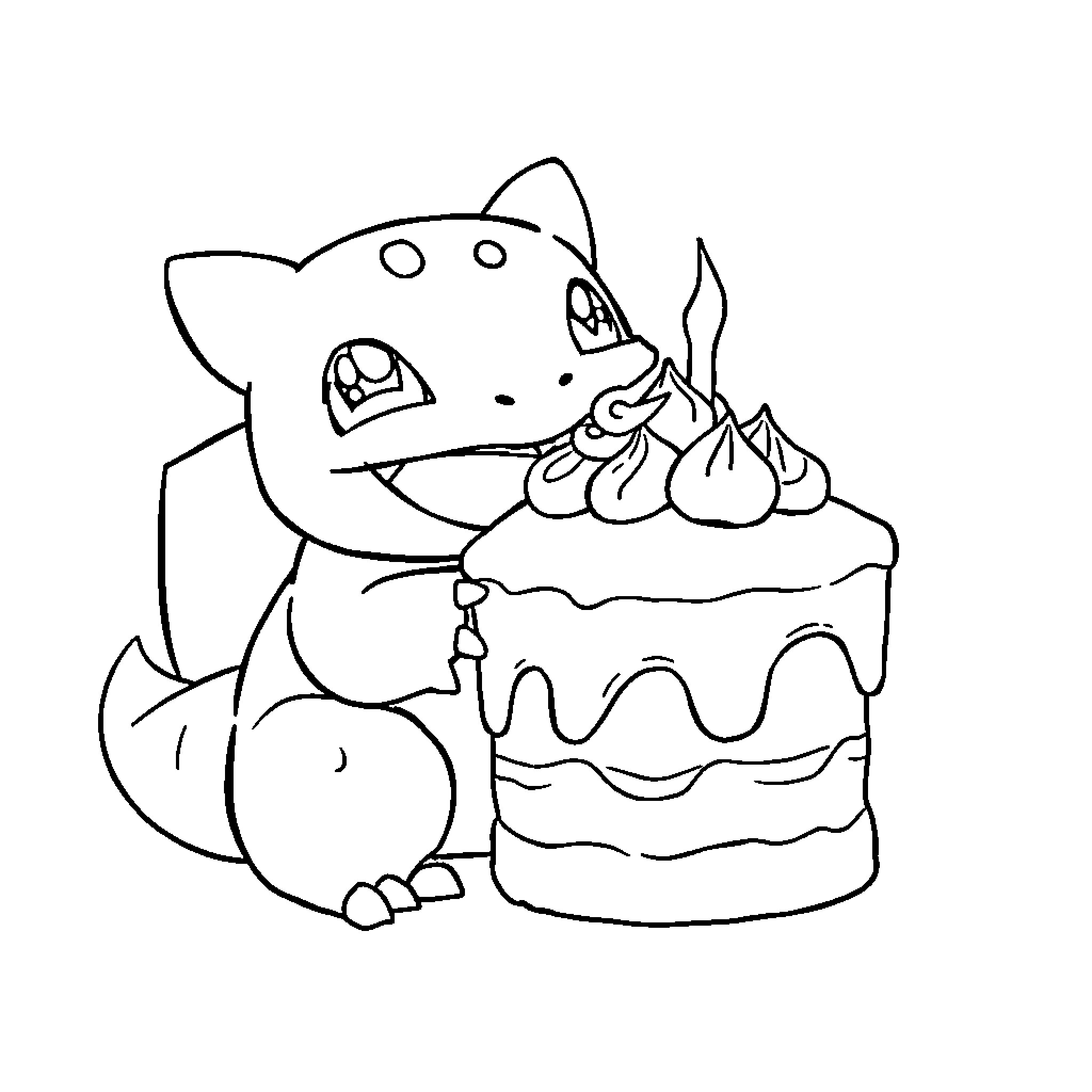 Bulbasaur holding a birthday cake Coloring Page (free black-and-white line drawing printable PDF for all, from beginners to advanced learners, including children, teens, adults, and seniors)
